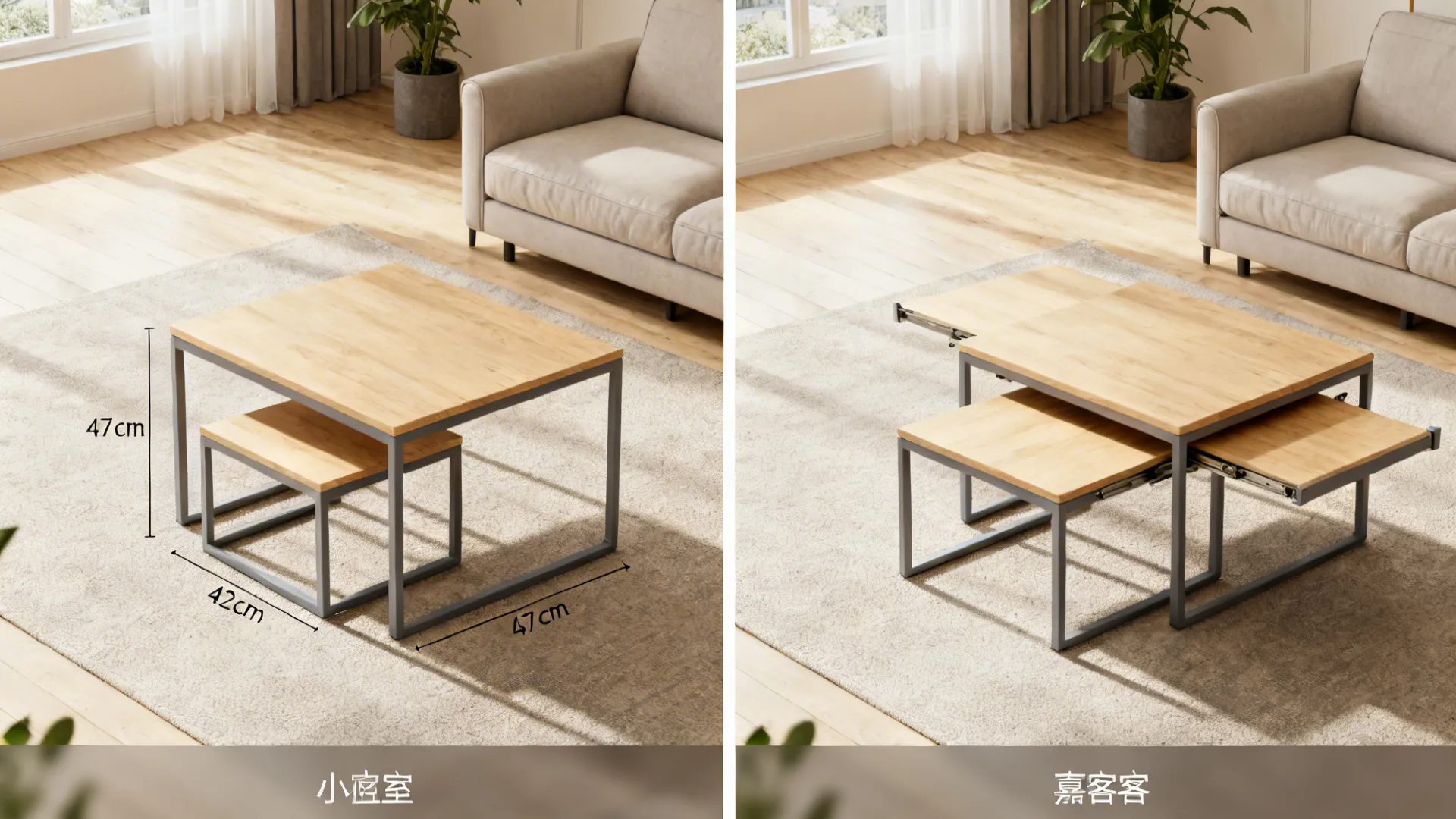 Comparison of wooden nesting coffee tables showing compact size with dimensions and fully expanded surfaces