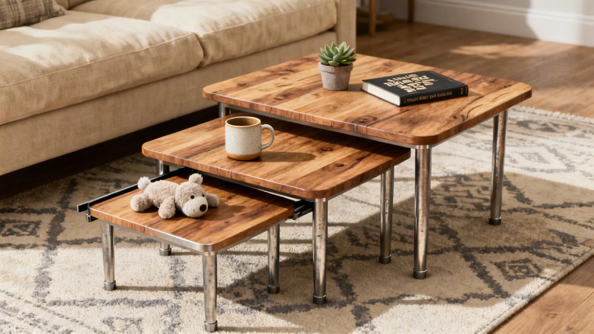 Set of nesting tables in a family room, one table pulled out with a mug and a toy.