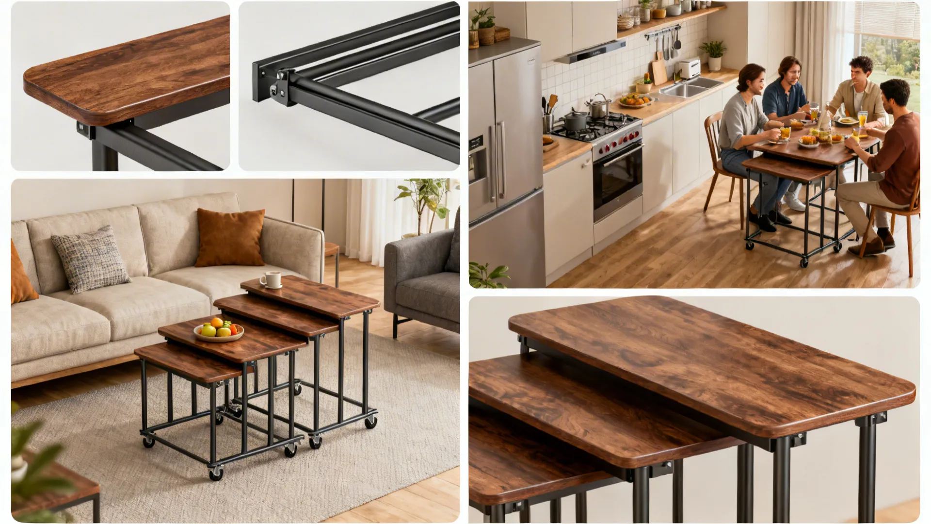 Montage of nesting table use-cases showing collapsible sets, durable materials, and multi-use scenes