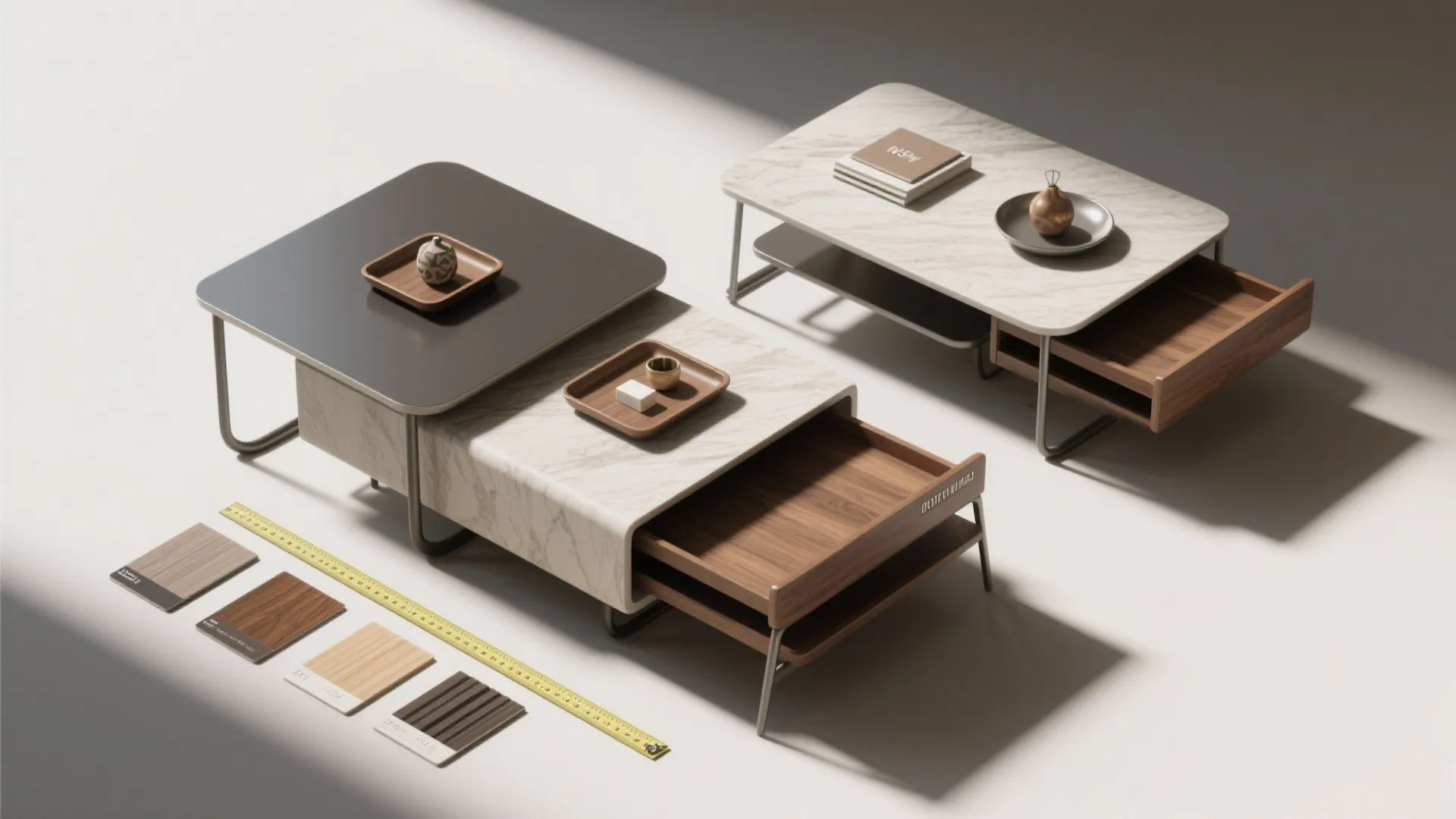 Modern marble nesting coffee tables with wooden drawers and color samples shown on a white floor
