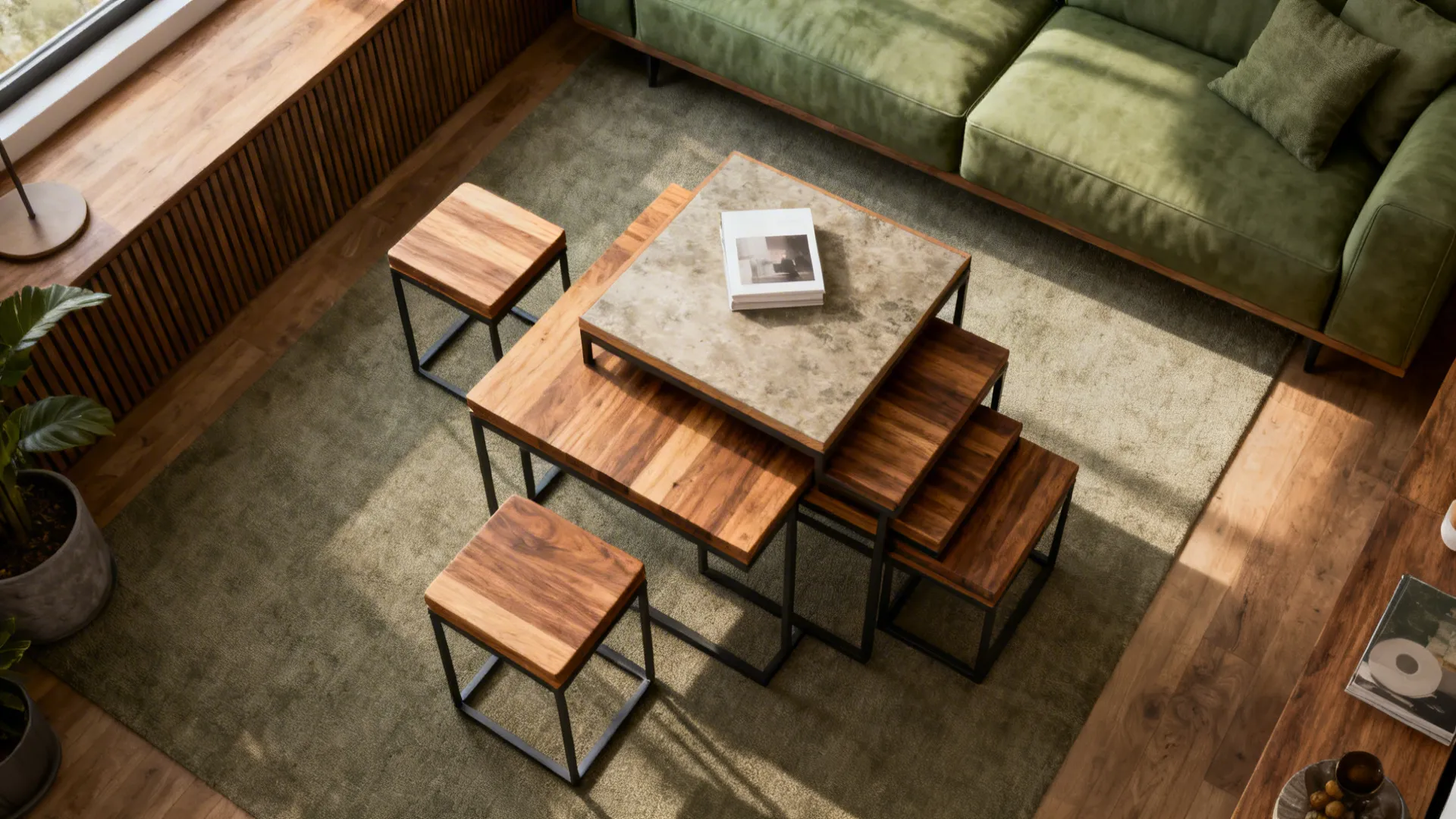 Top-down view of nesting tables and stackable stools with wood and metal textures.