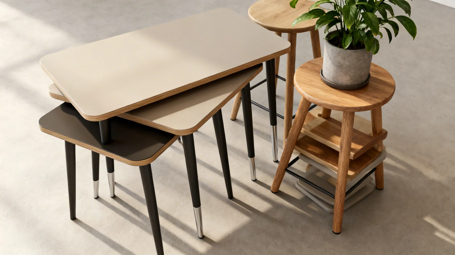 Nesting side tables and stackable stools shown with material close-ups and finishes