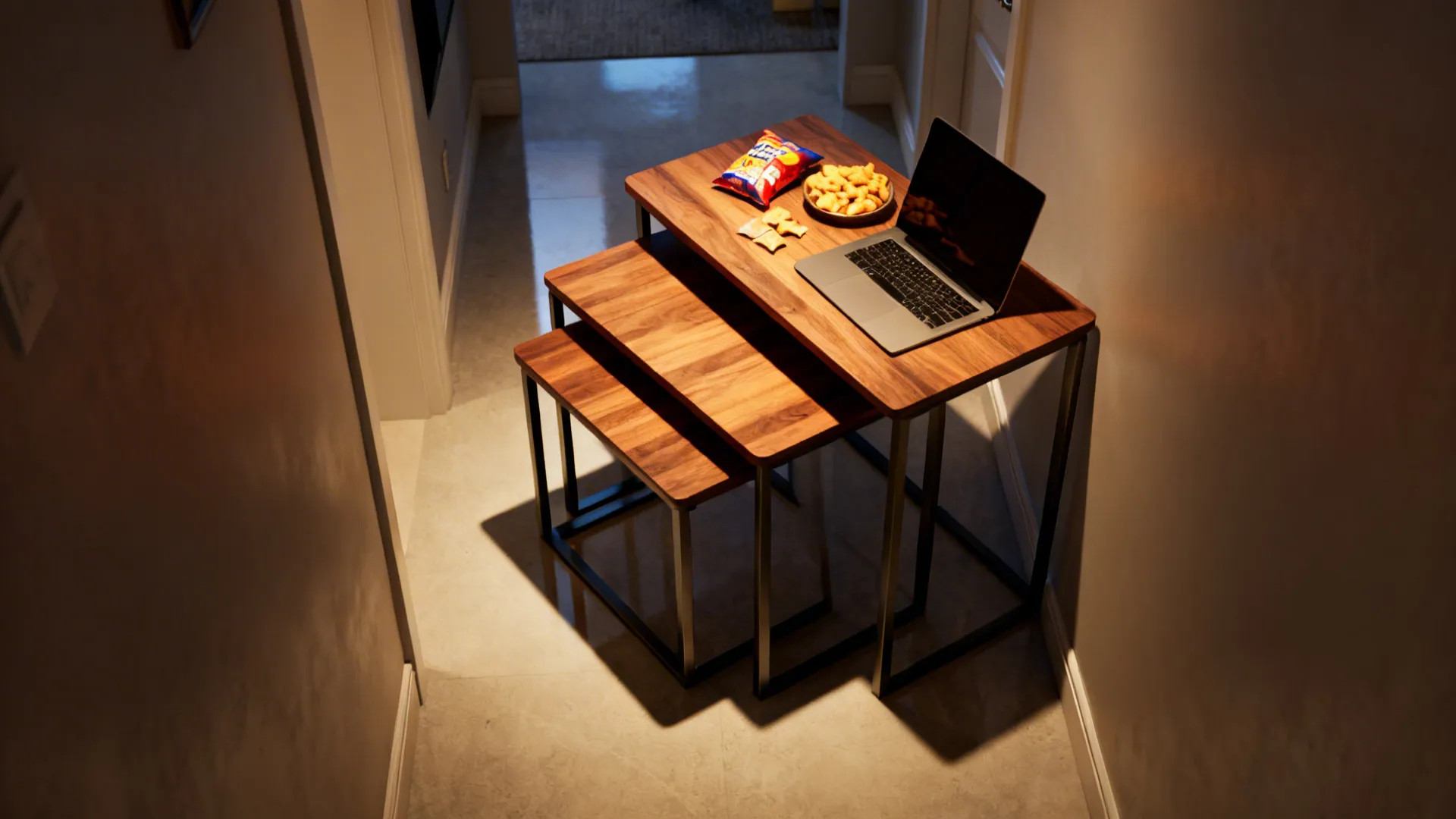 Three nesting tables with wooden tops and black metal legs inside a narrow home hallway area