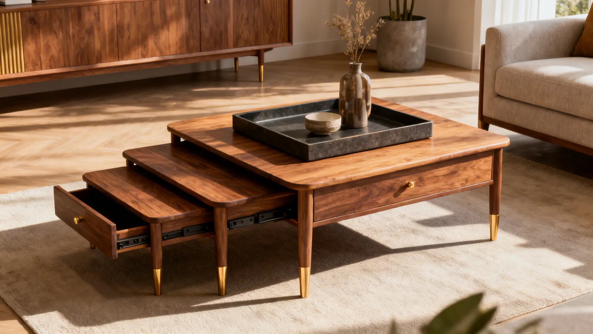 Nested coffee tables partially extended with a weighted tray in a small living room