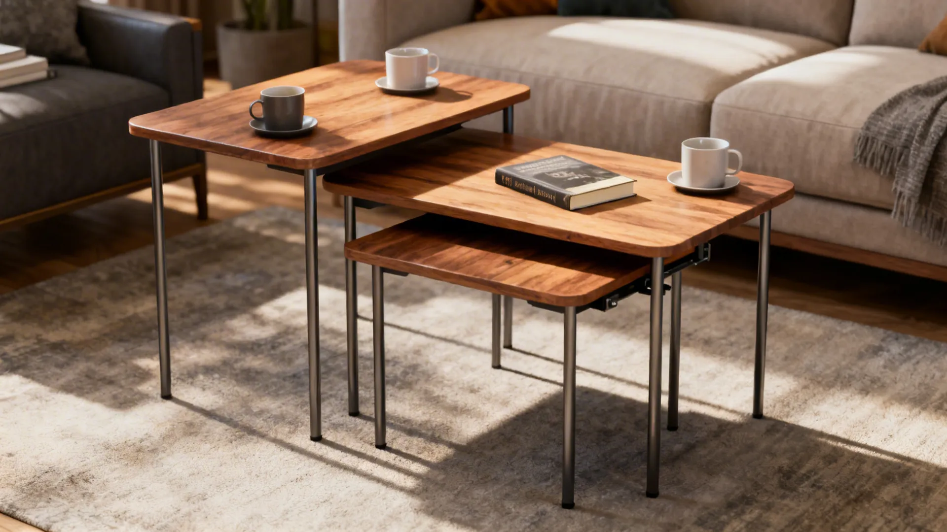 Set of nesting tables with wood tops and metal legs, one pulled out for extra surface.