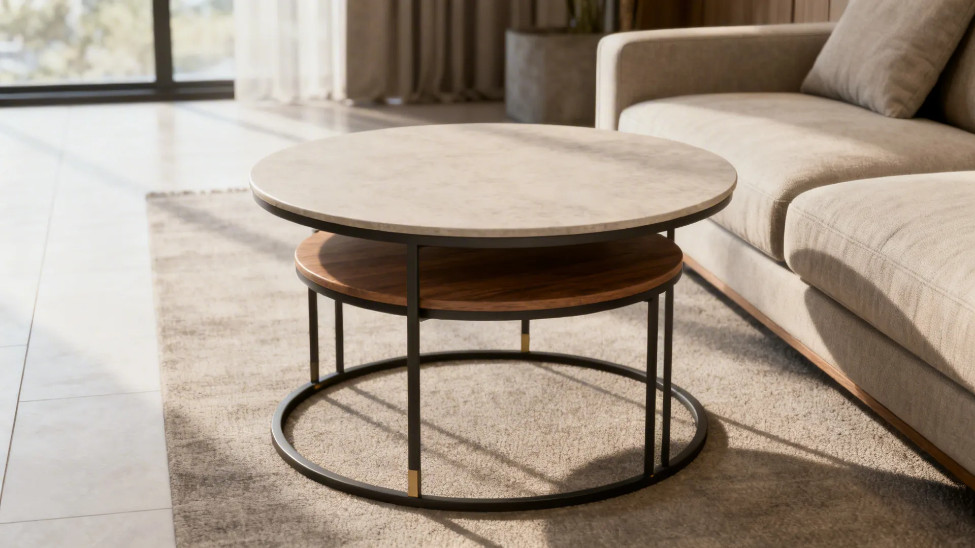 Nesting coffee tables tucked together to maximize living room circulation