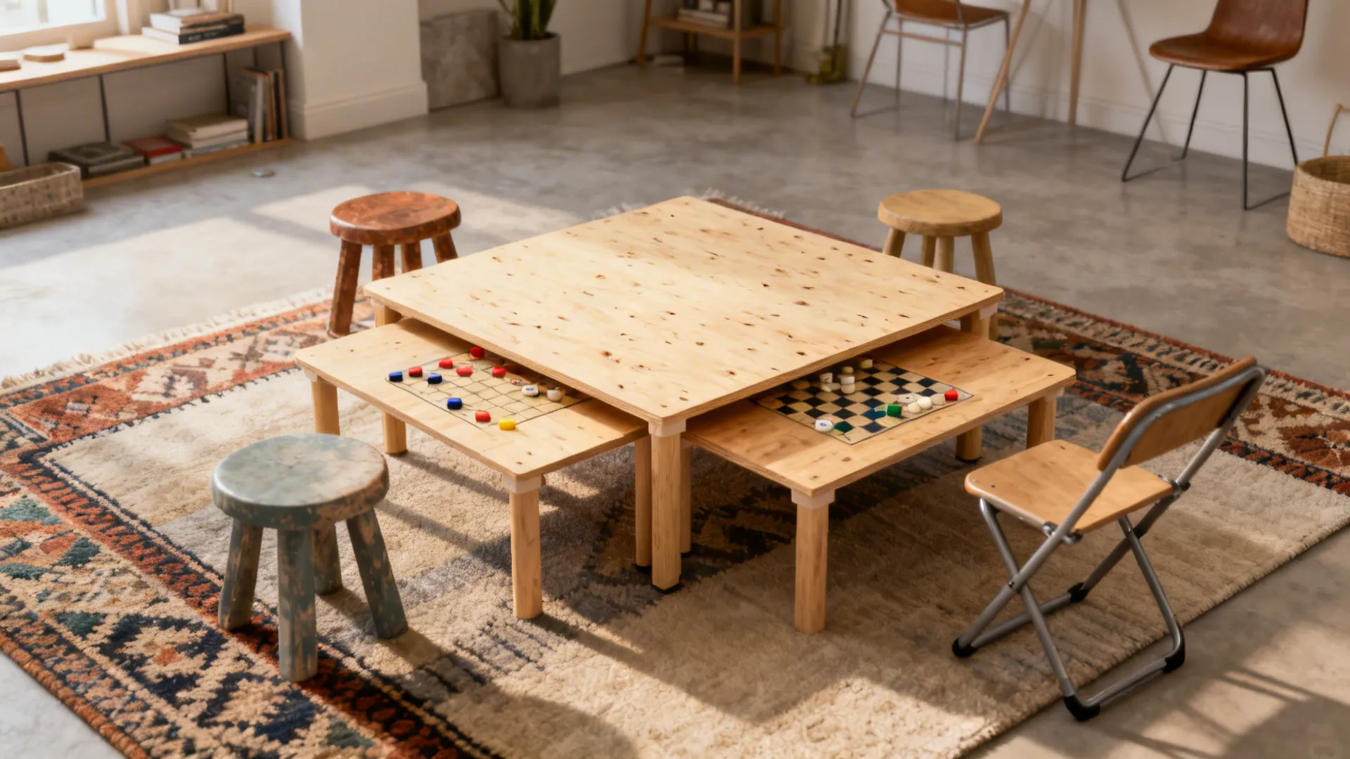 Nesting tables arranged together as a flexible game surface with stools in a small studio