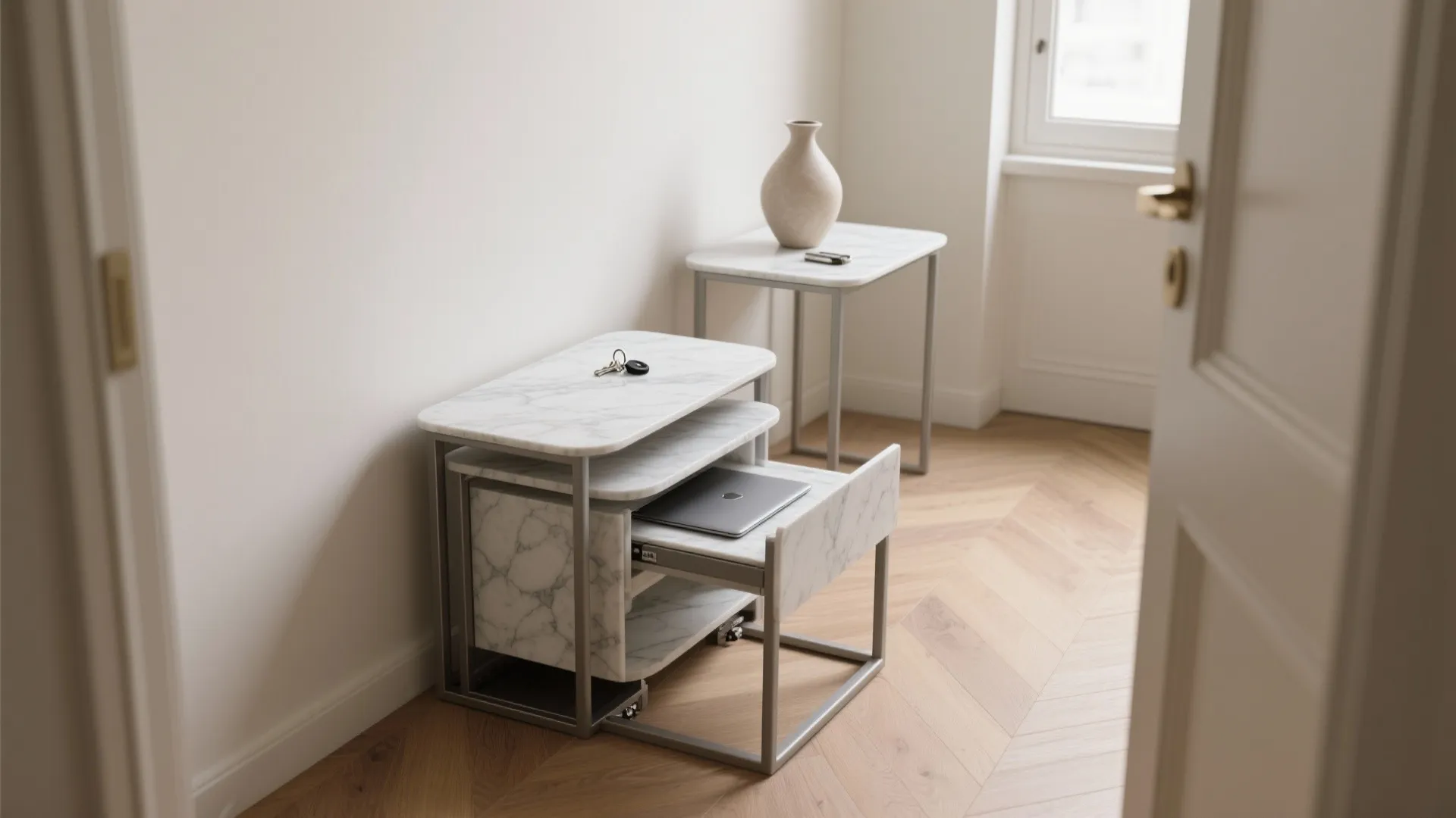 Minimalist Nesting Tables for Adaptive Hall Layouts