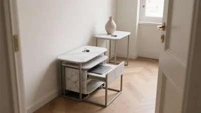 Modern Entryway with Marble Storage Tables