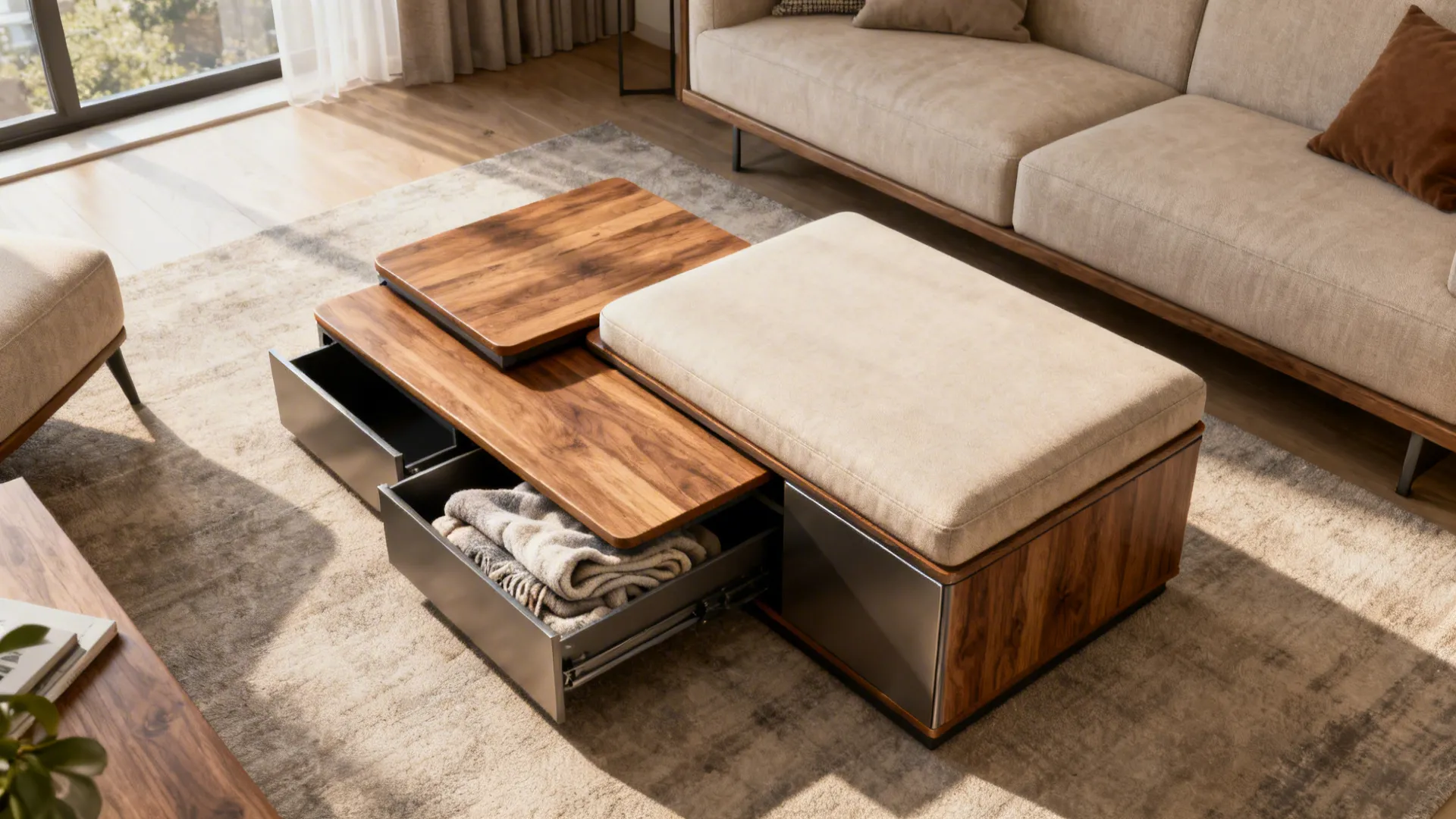 Nesting coffee tables and a storage ottoman shown slightly from above in a small living room.