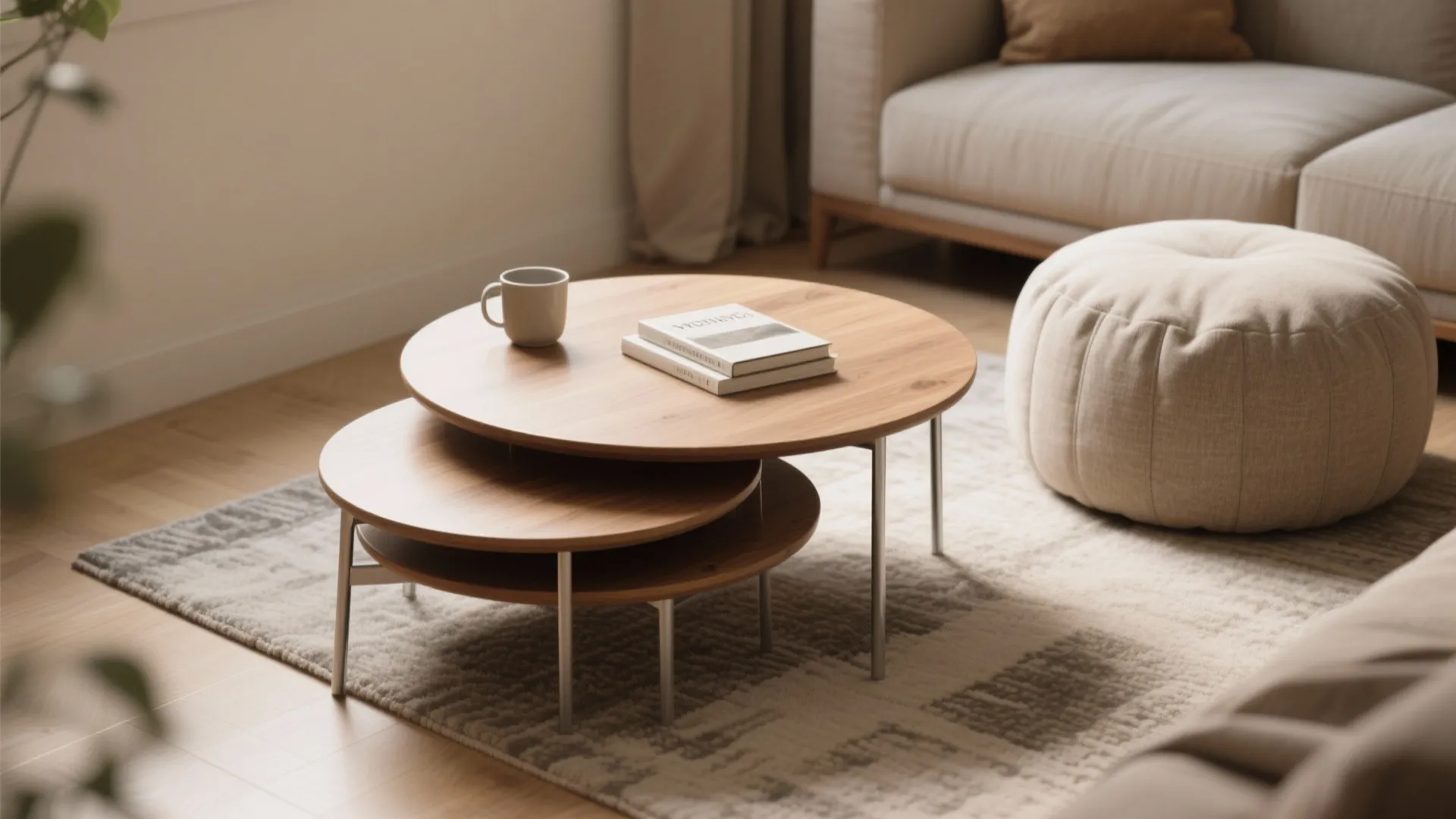 1. Nesting coffee tables with a side pouf