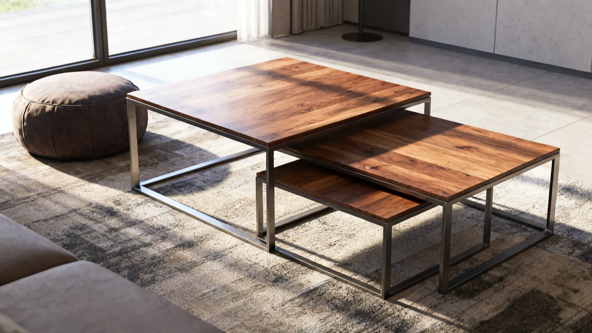Nesting wood and metal coffee tables with a pouf ottoman for flexible arrangement