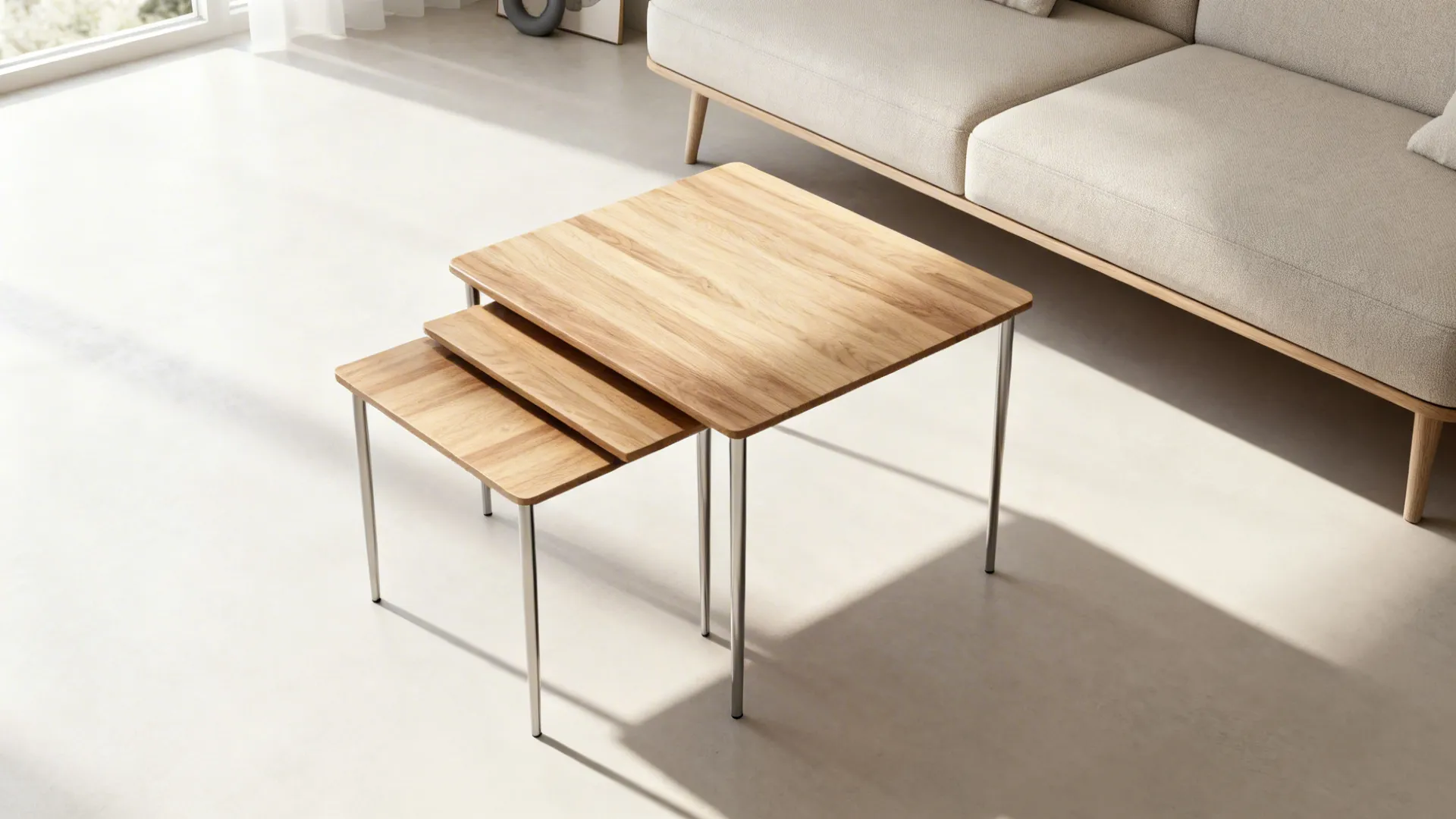 Nesting coffee tables spread out to form a larger surface in a compact living room with matching wood and metal finishes