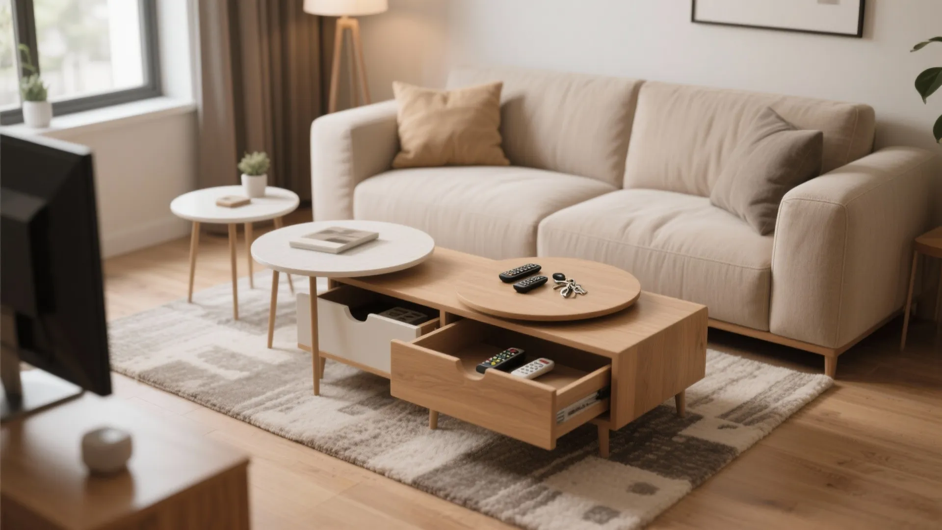 Living room featuring a wooden coffee table with open drawers and small white nesting tables