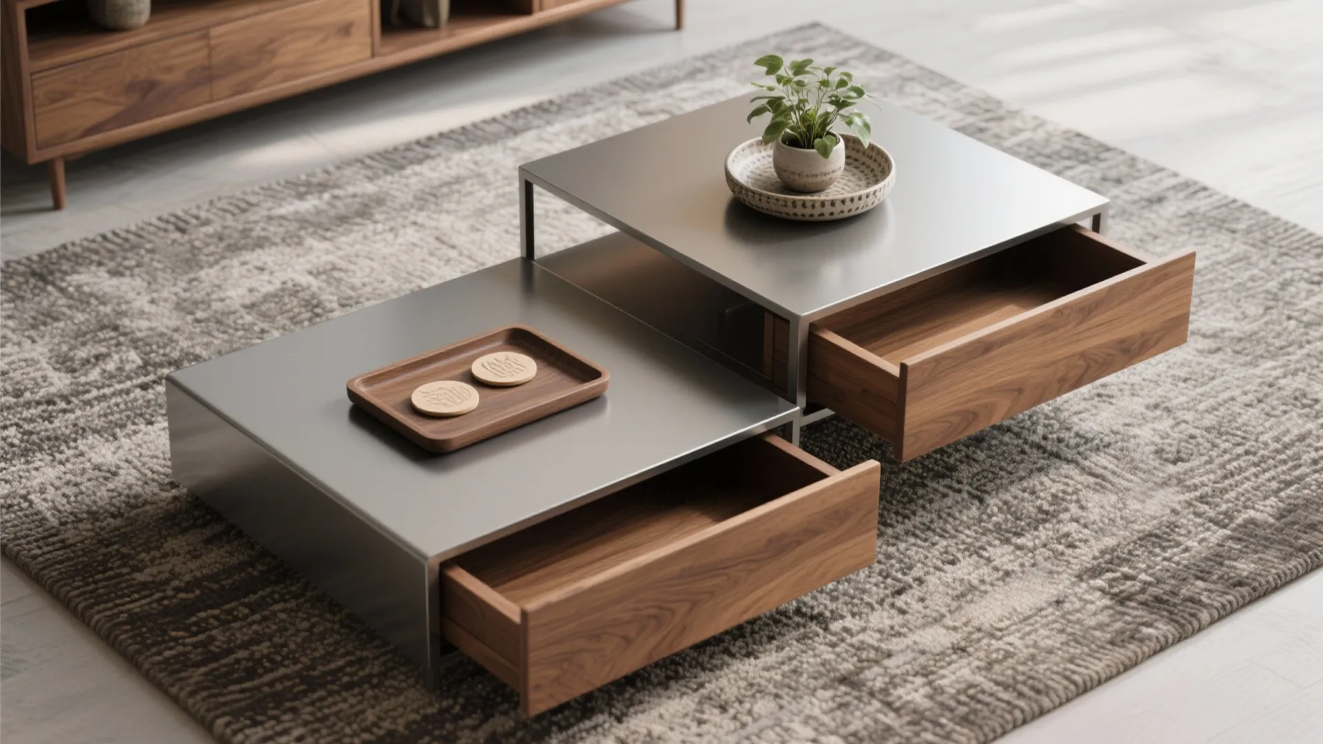 Top-down view of nesting coffee tables partially pulled out, with a tray and small plant on top.