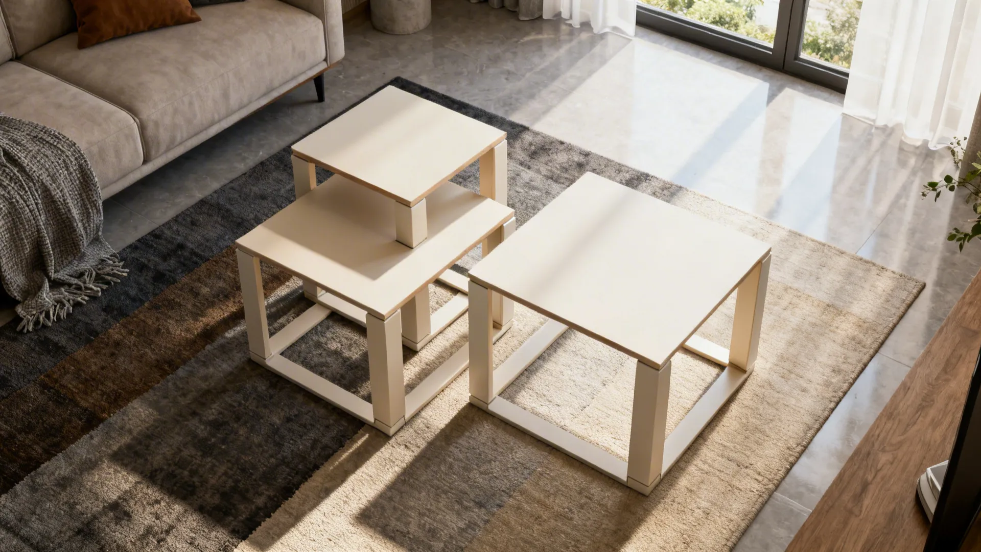 Top-down view of nesting and modular tables arranged for flexibility in a living room