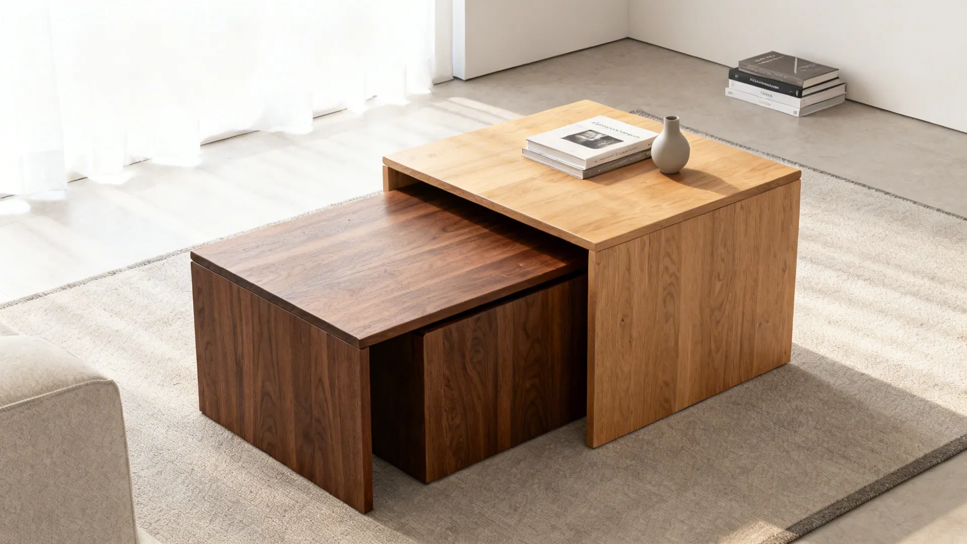 Nesting walnut and oak coffee tables arranged flexibly in a small living area