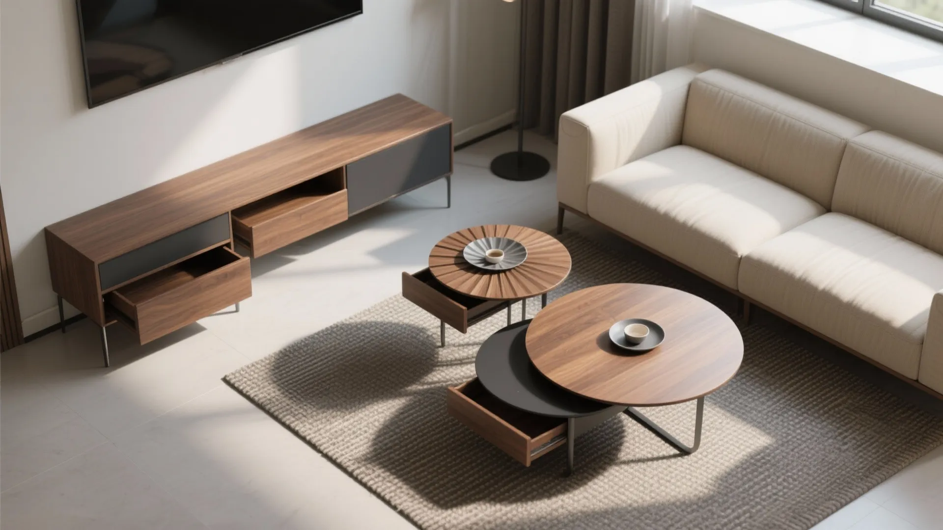Modern living room featuring two round wooden coffee tables with drawers on a grey rug