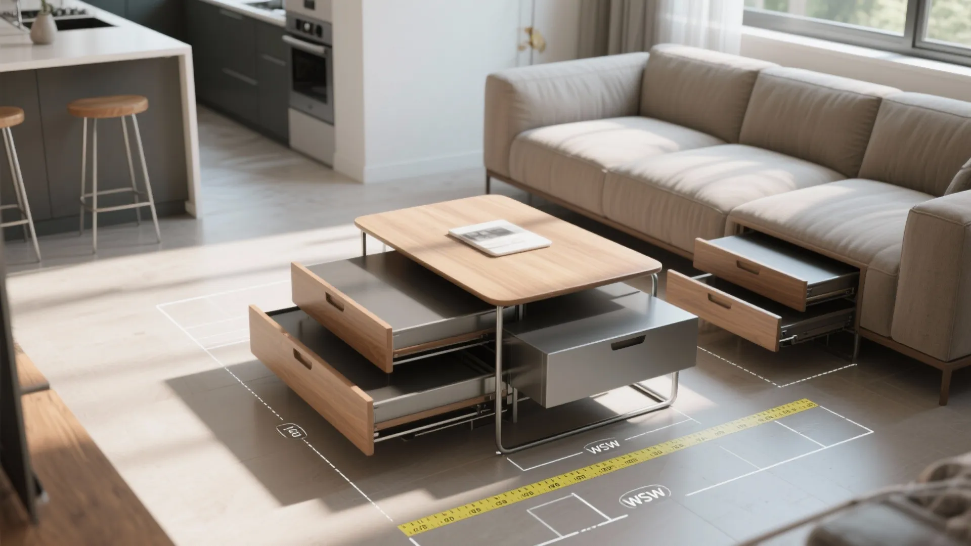 Top-down view of nesting tables pulled out and nested, with clearance markers toward a kitchen pass-through.