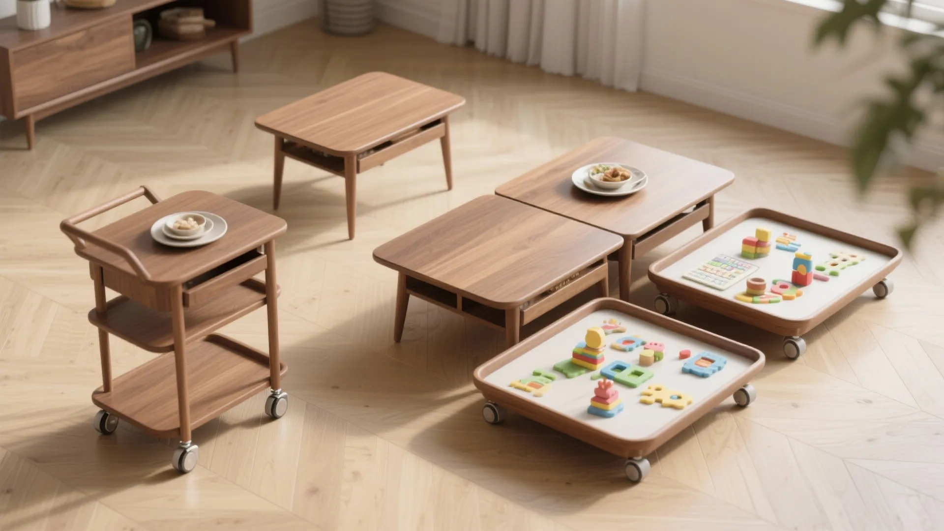 Modern wood furniture collection including small tables and rolling trays for kids toys on wood floor