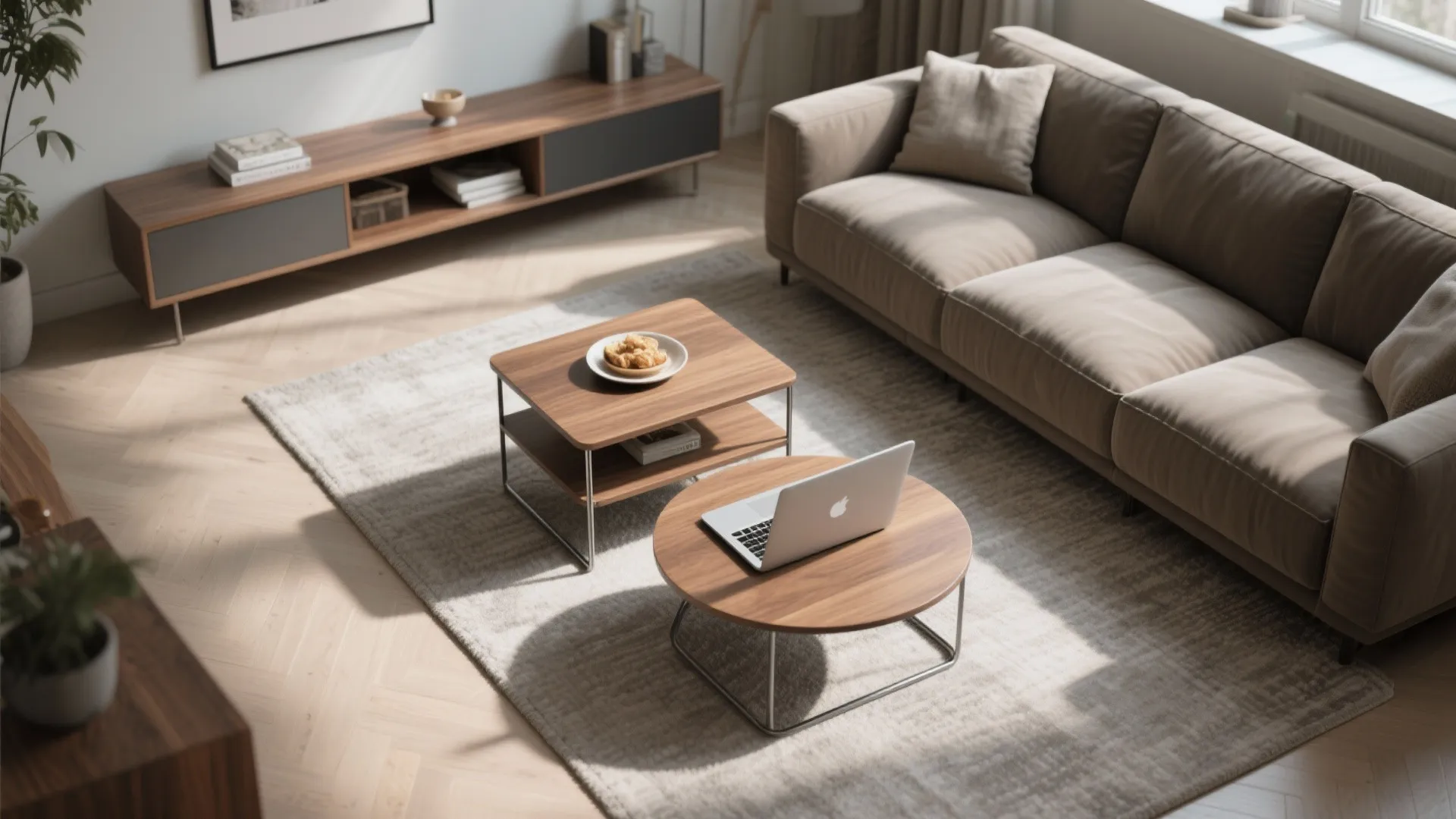 Top view of living room with brown sofa two wooden coffee tables and a cabinet