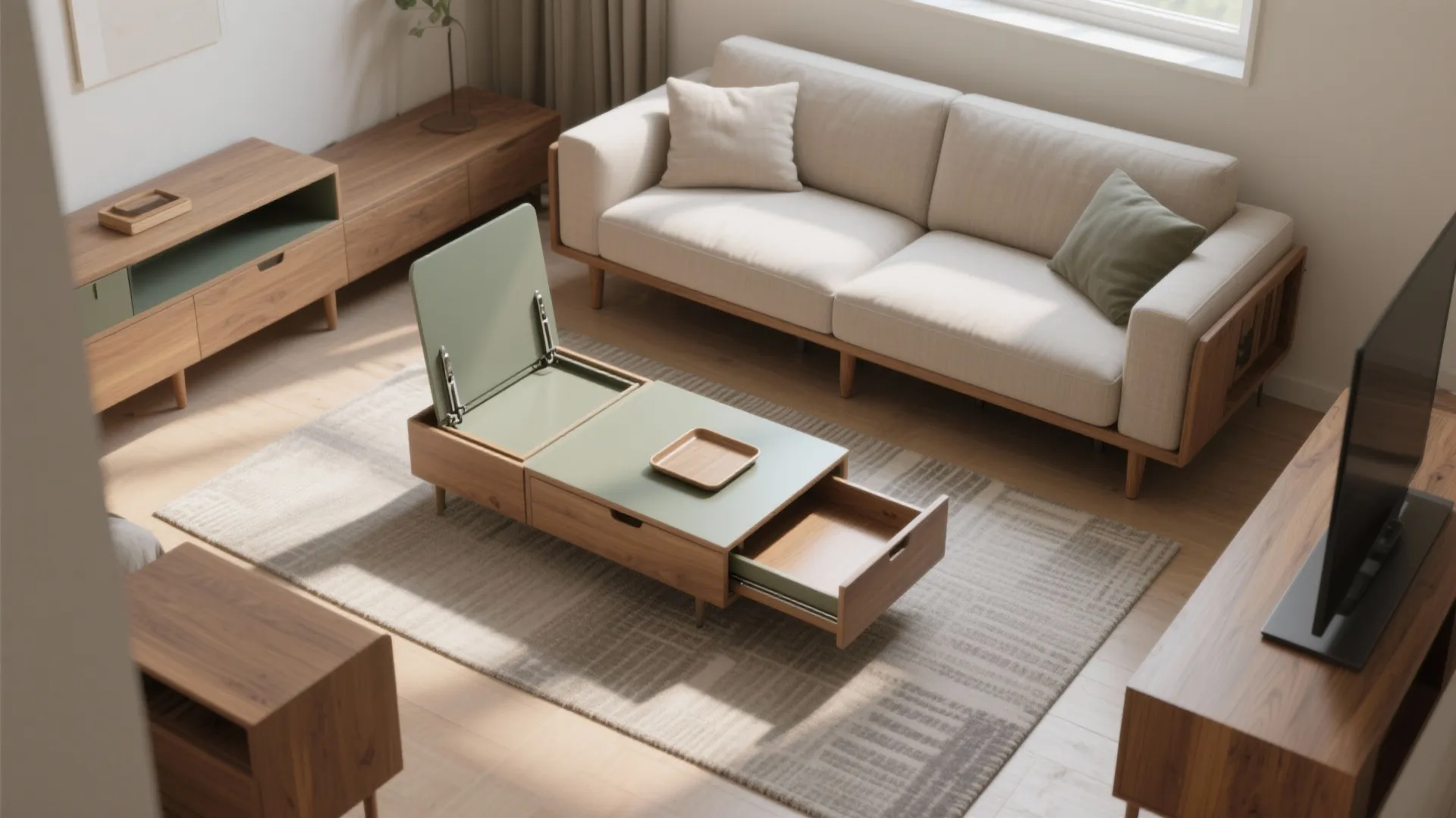 3) Nesting and lift-top coffee tables (or a big ottoman that multitasks)
