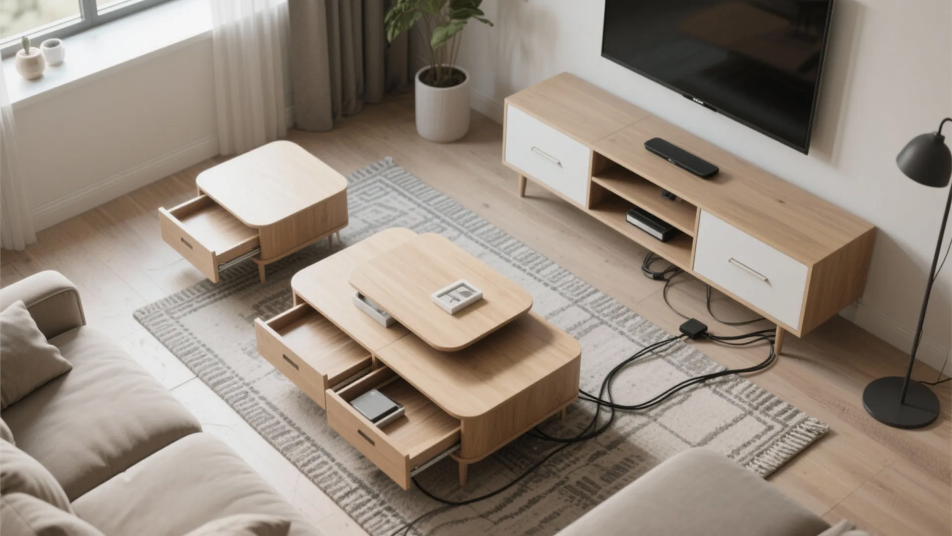 Top-down view of living room with wooden coffee tables showing open drawers and storage space