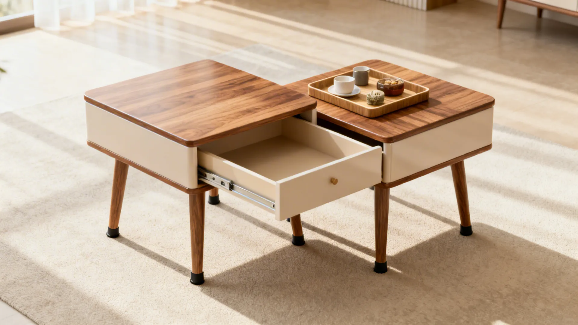 Nesting side tables showing a removable tray and shallow hidden drawer with non-slip pads.