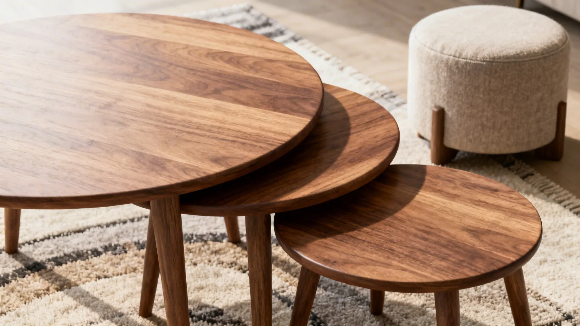 Nested wooden tables with one pulled out and a small accent stool beside them in a cozy living room corner.