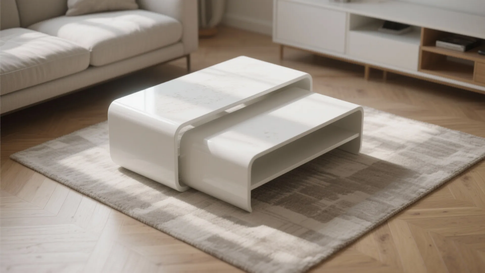 Nesting white coffee tables in matte and semi-matte finishes in a small living room