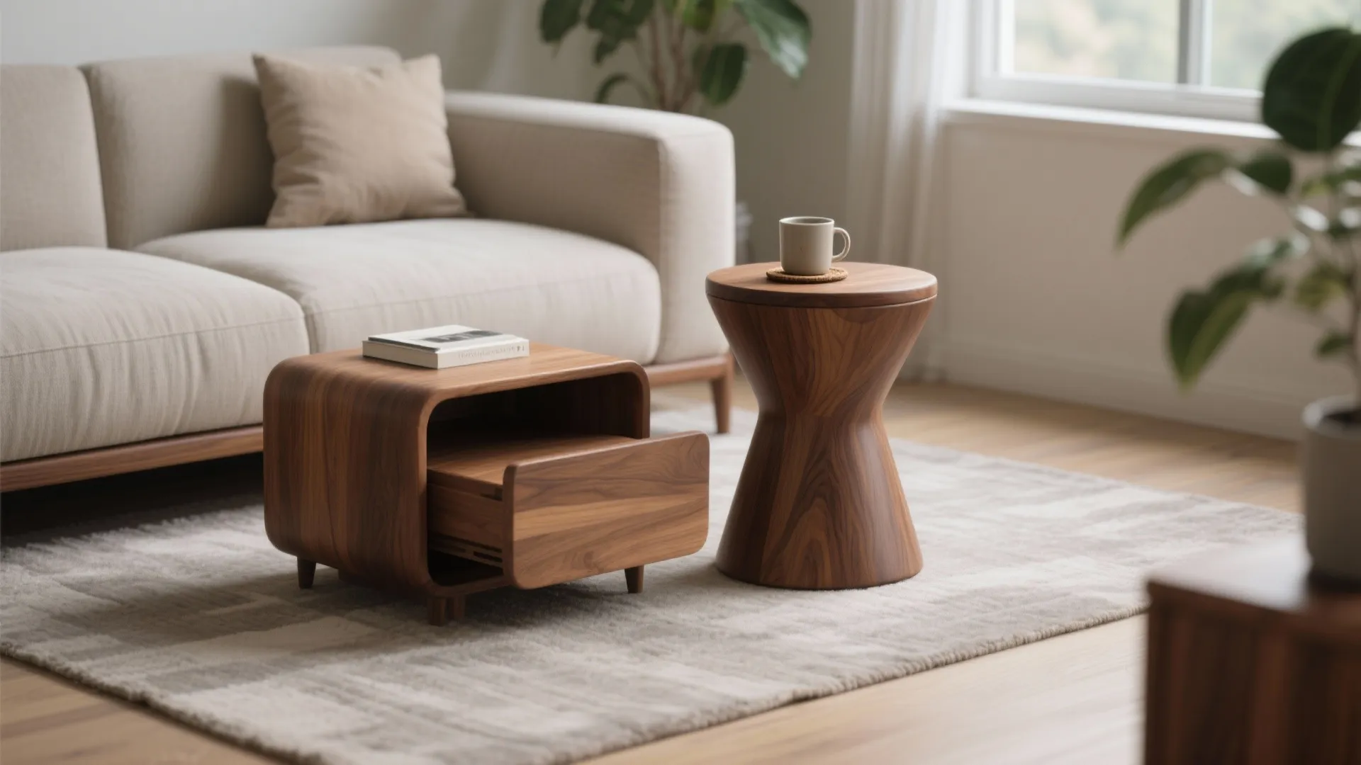 1) Nesting wood stools that double as side tables