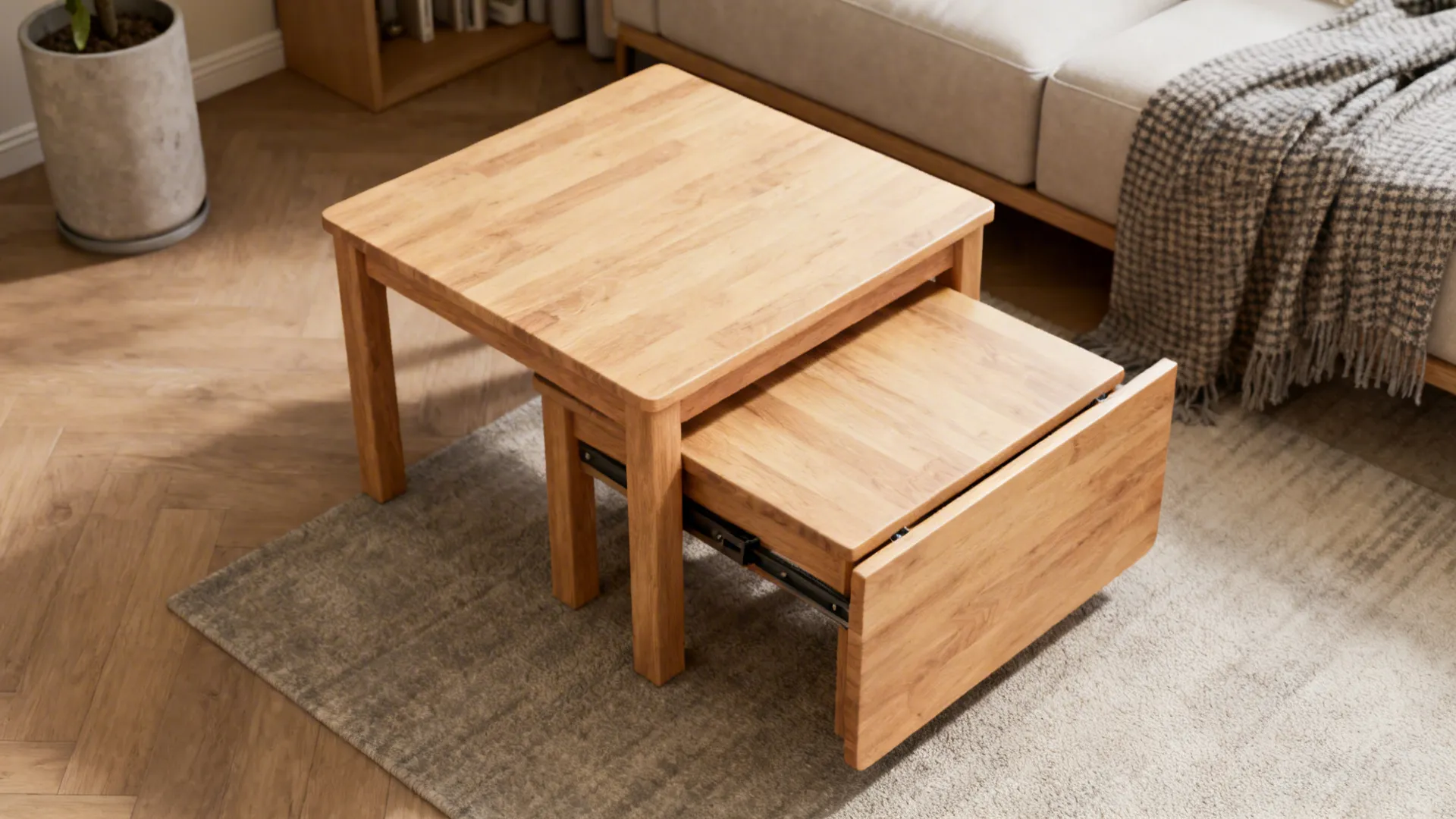 Nesting wooden end tables, one tucked under the other, in a compact living room setting.