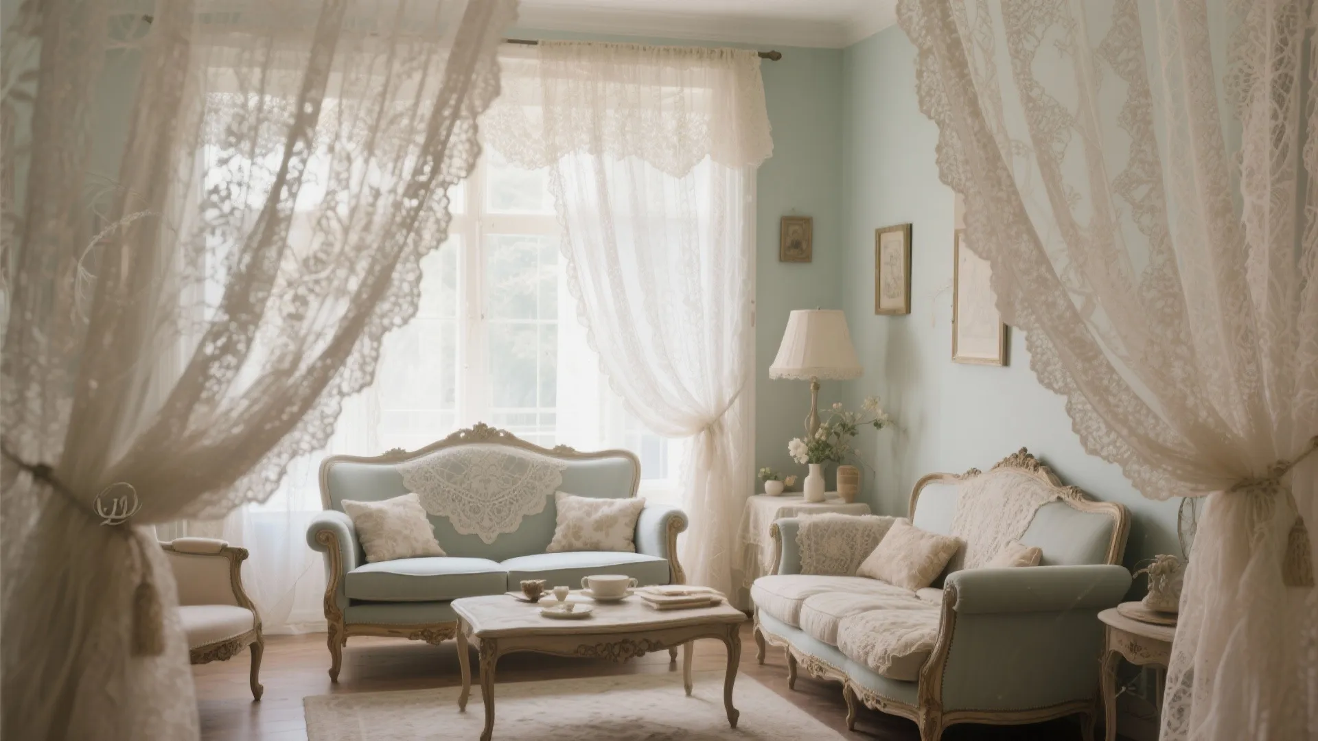 Vintage-style living room with delicate net curtains