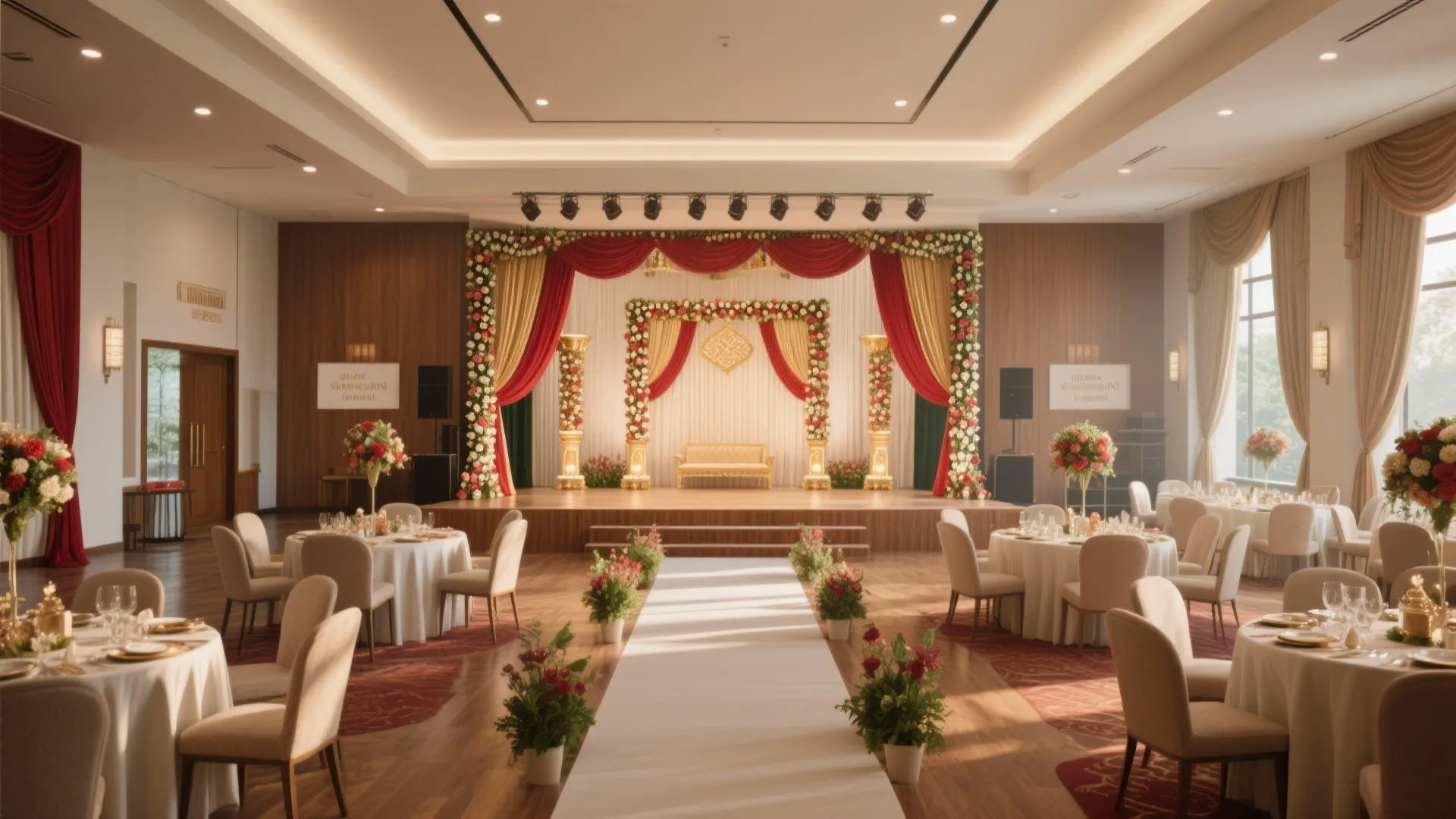 Luxury wedding reception hall with decorated stage red curtains round tables beige chairs and white aisle