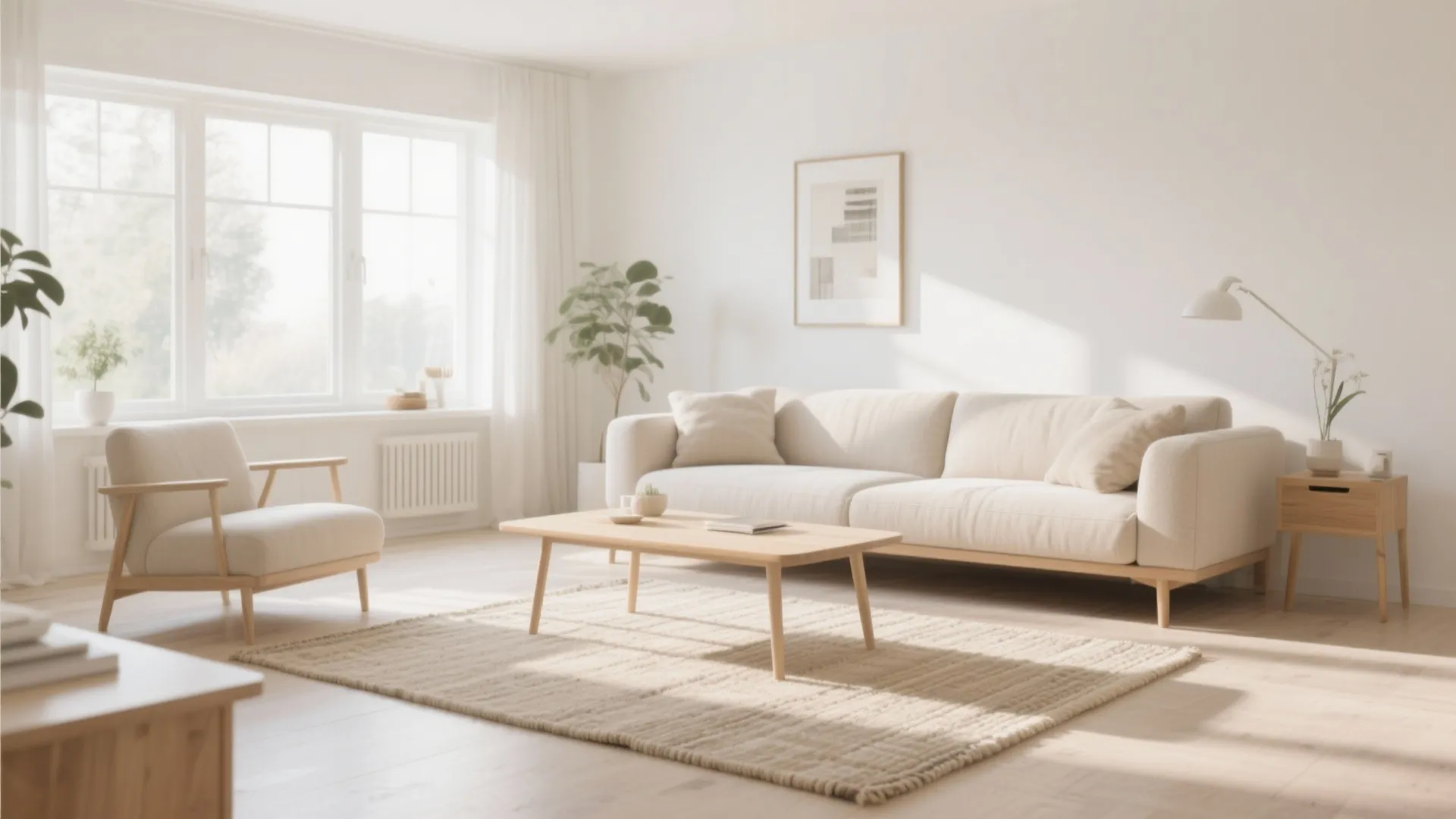 Bright minimalist living room featuring a neutral sofa, wooden coffee table, and a beige rug