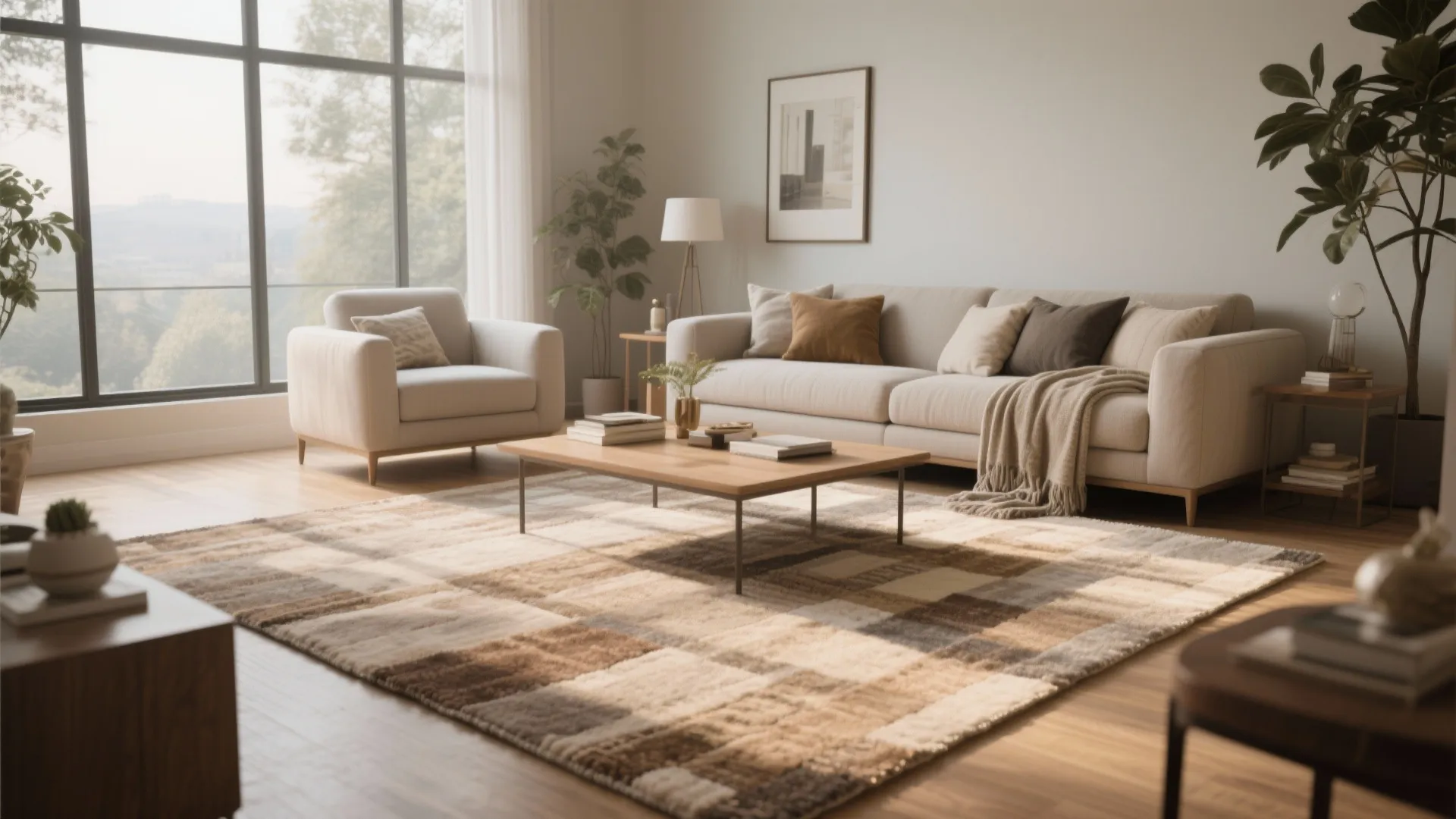 Bright living room with neutral sofa armchair wooden coffee table large rug and big window view