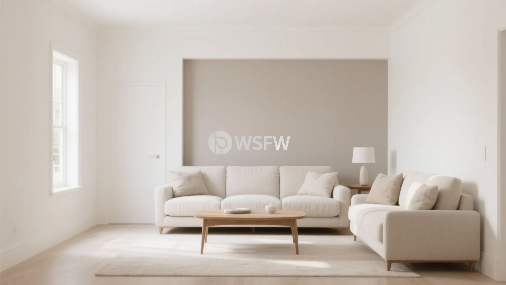 Modern living room with white sofas, wooden coffee table, beige wall, white door, and natural light