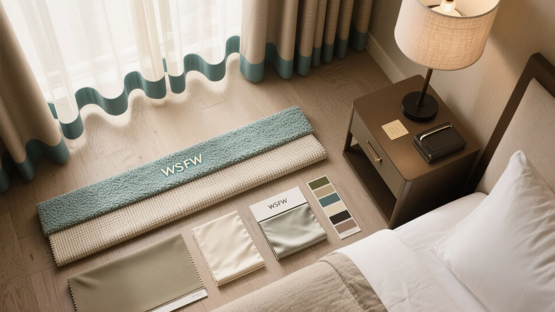 Interior design drawing with fabric samples color palette table lamp bedside cabinet and wood floor