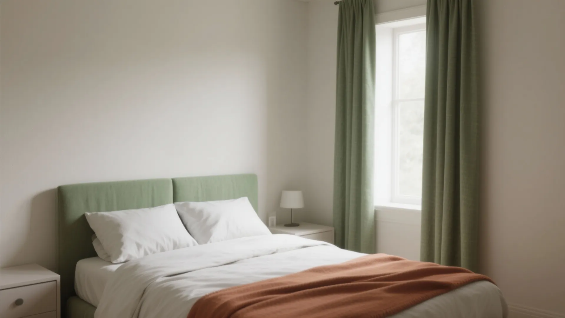 Simple bedroom design with green headboard and matching curtains beside a window and white bedding