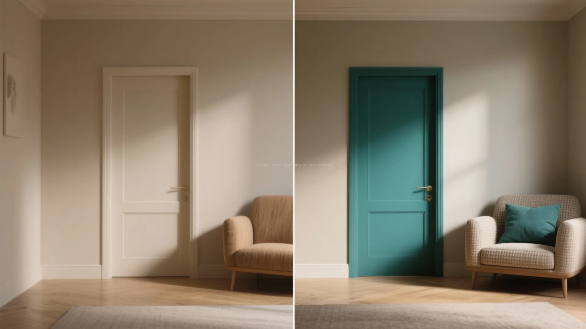Split-screen showing a neutral room and the same room with a single bold teal accent.