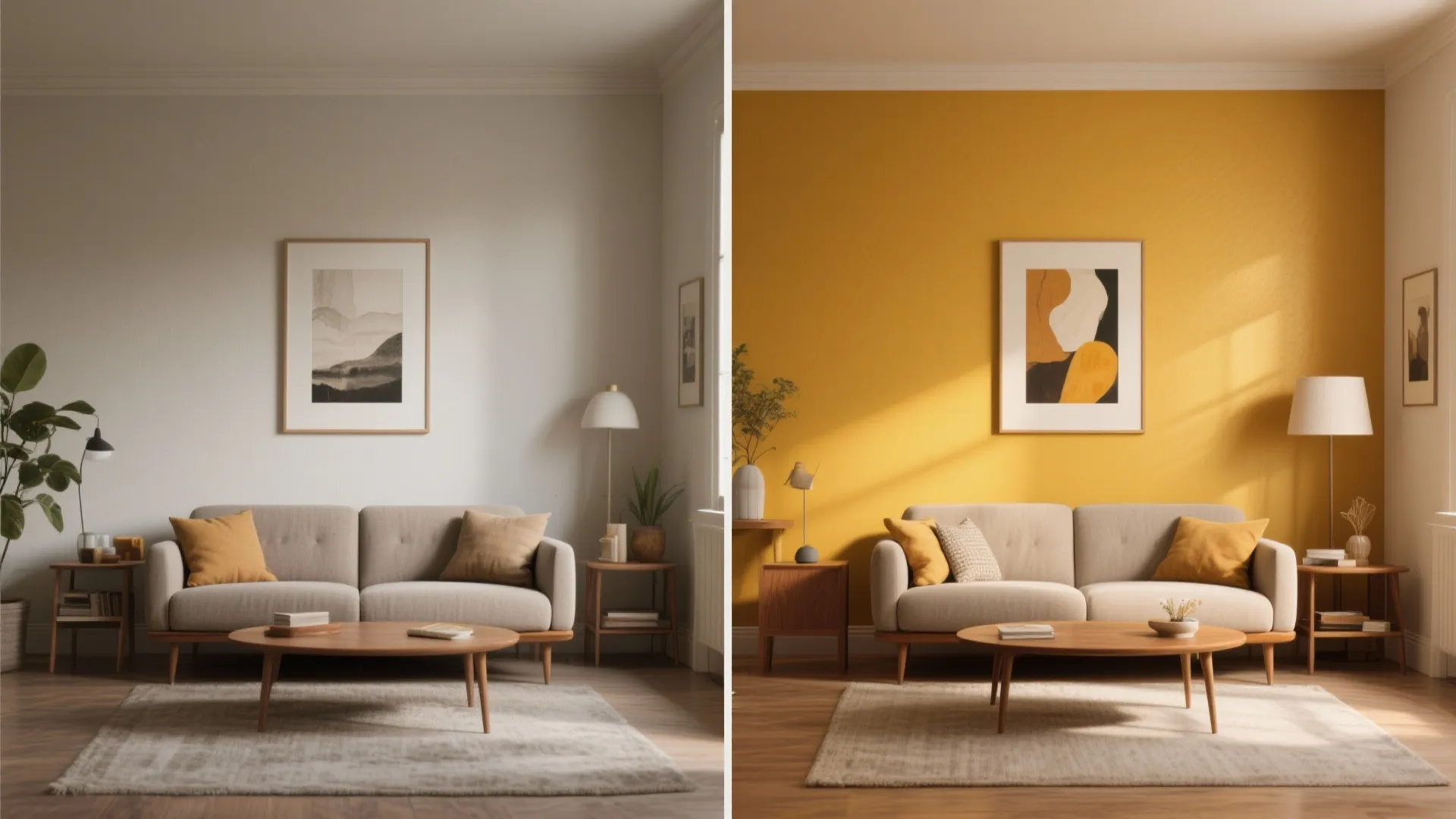 Comparison of living room with white wall versus yellow wall with sofa and coffee table