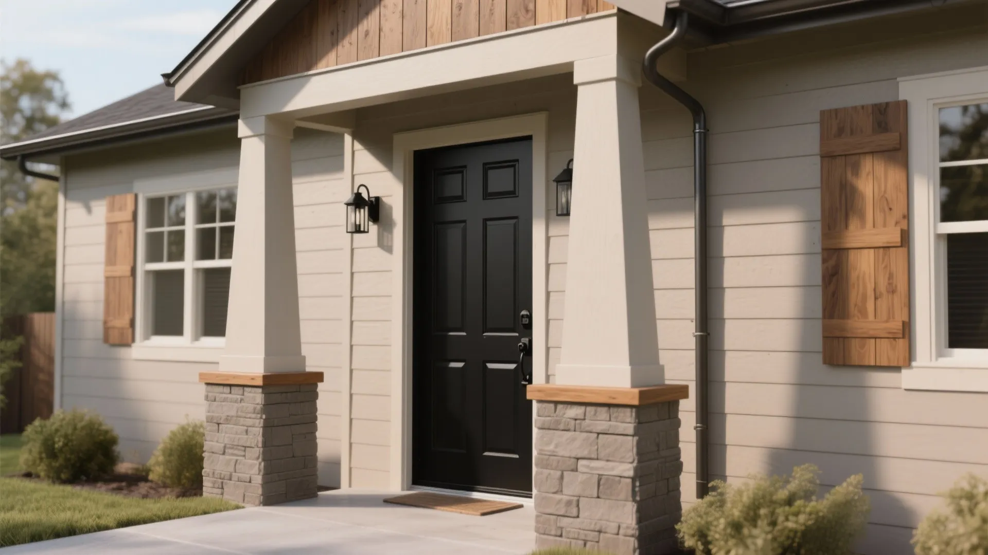 Modern house entrance featuring a black front door white columns stone base and light fixtures