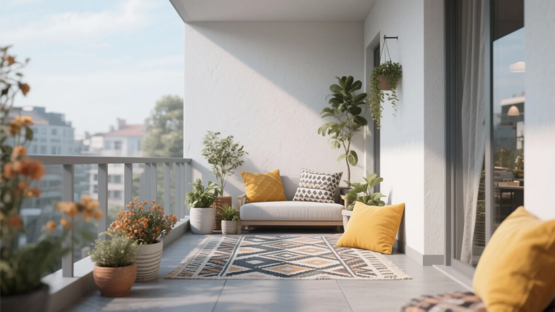 Modern sunny balcony with small sofa yellow pillows patterned rug potted plants and white wall panels
