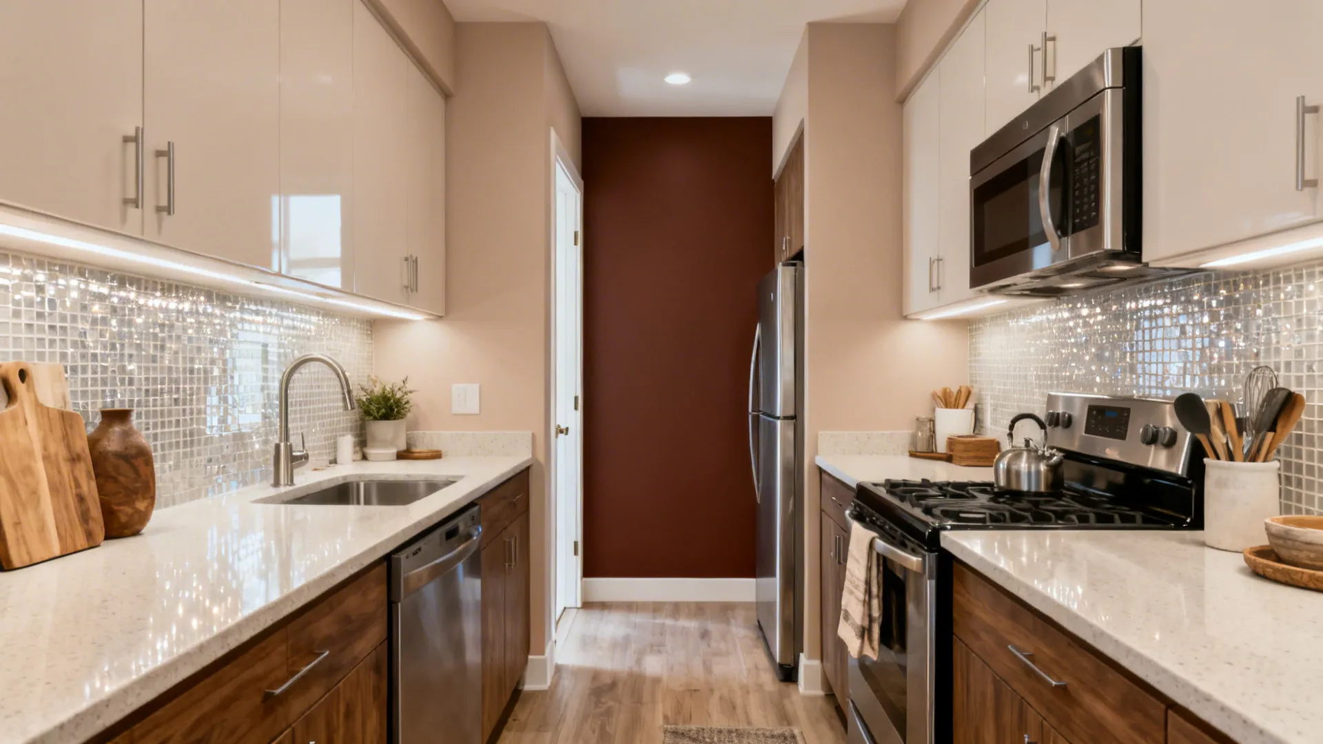 Small galley kitchen with high-LRV neutrals and a single umber accent wall for depth.
