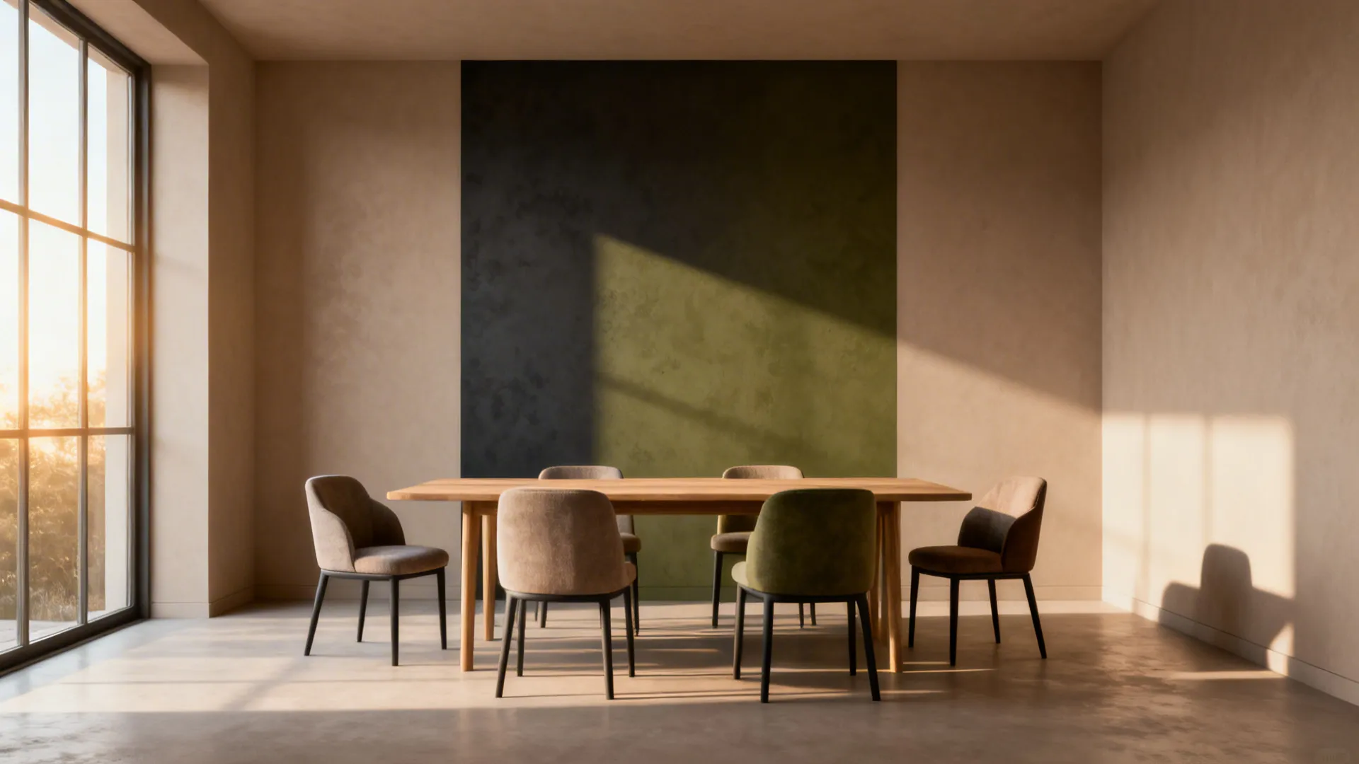 Living and dining sharing a muted taupe base with a charcoal accent dining wall and wooden table.