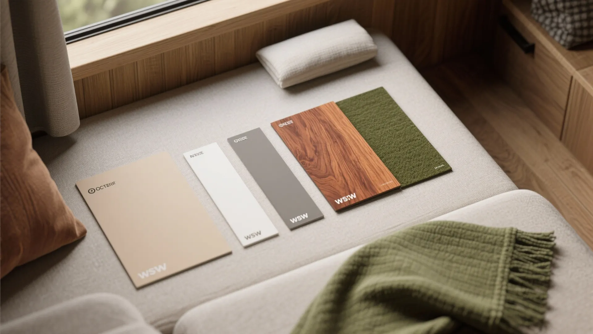 Interior design material samples with wood green fabric and neutral colors on a light sofa