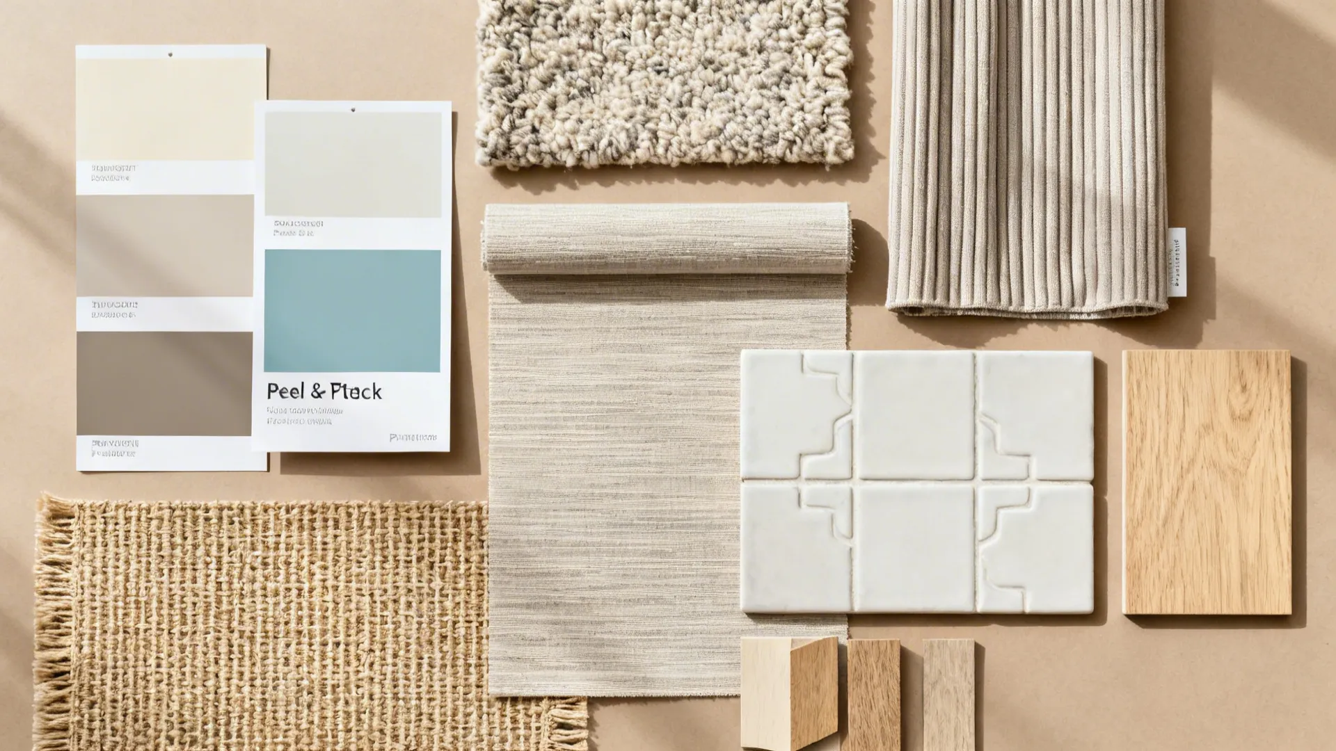 Nursery palette flatlay with oatmeal, mushroom, greige, and dusty sage accent plus texture samples.