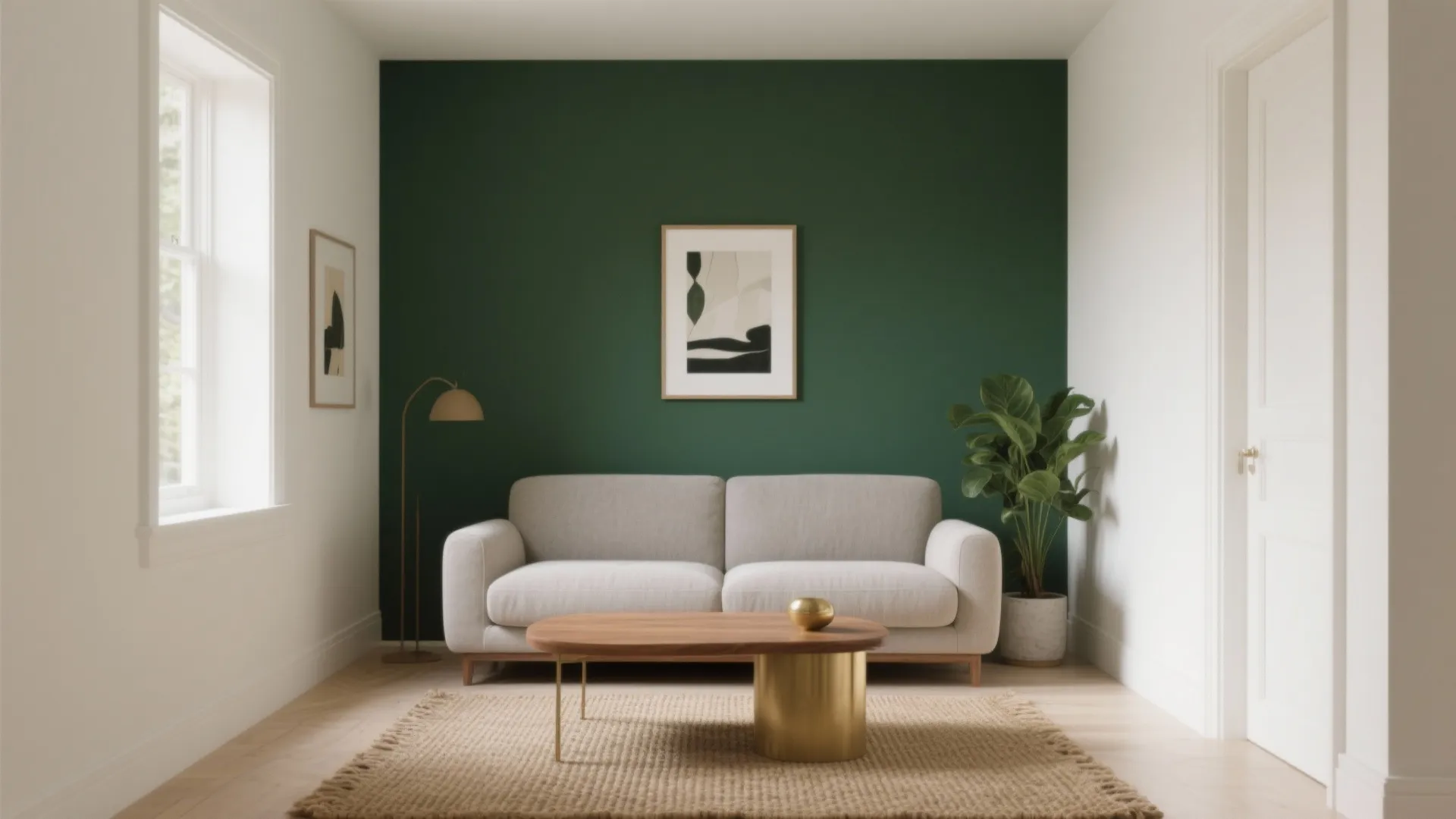 Living room featuring a dark green wall light grey sofa wooden coffee table and plant
