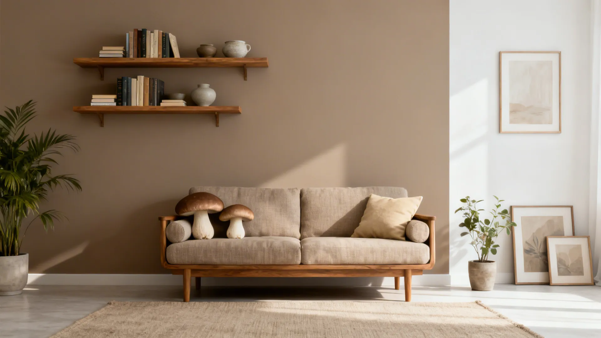 Warm taupe accent wall behind a compact sofa with oak shelves and neutral decor.