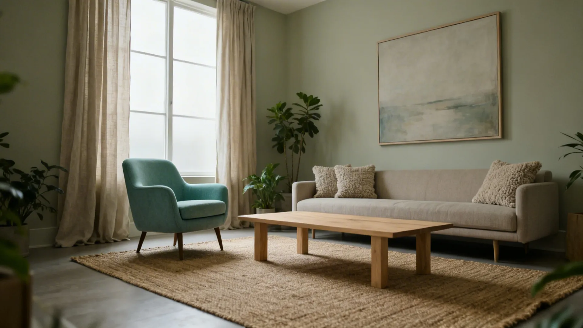 Greige walls and oatmeal curtains with a jute rug and a muted teal accent chair in a small living room.